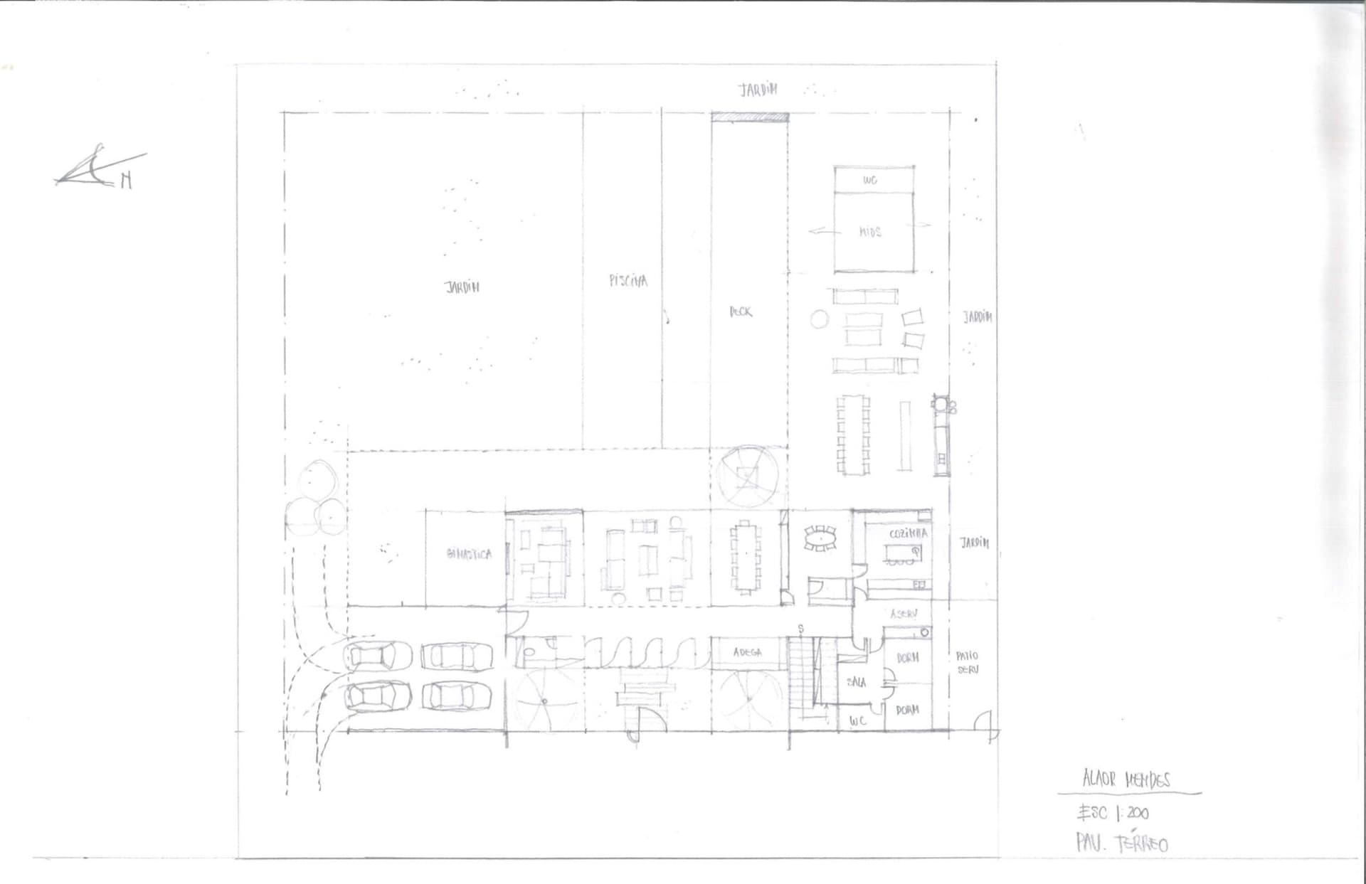 Schematic rendering of a residential floor plan featuring garden, swimming pool, and various rooms.