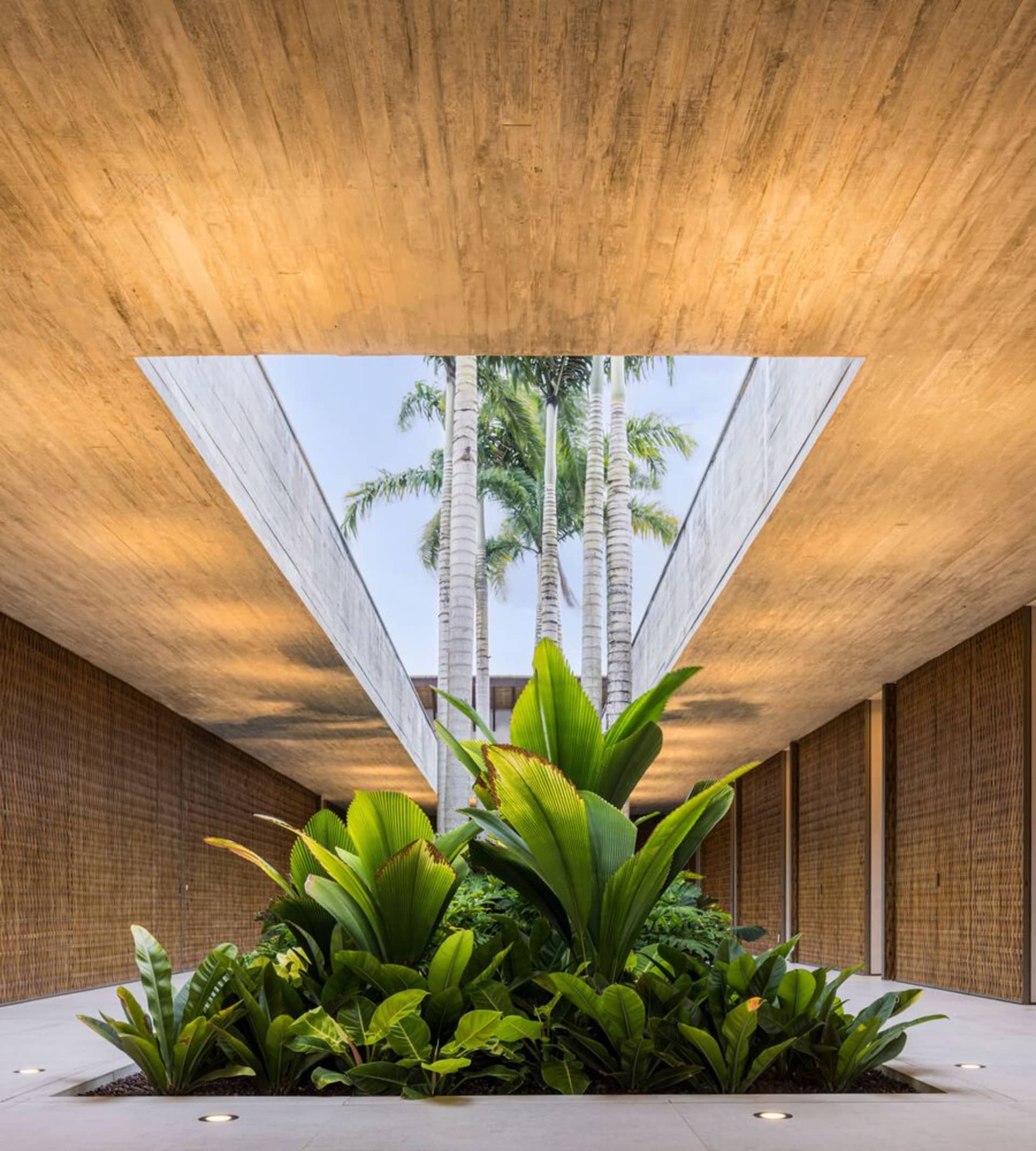 現代建築室內空間，混凝土牆面搭配竹材，設有綠意盎然的室內花園。