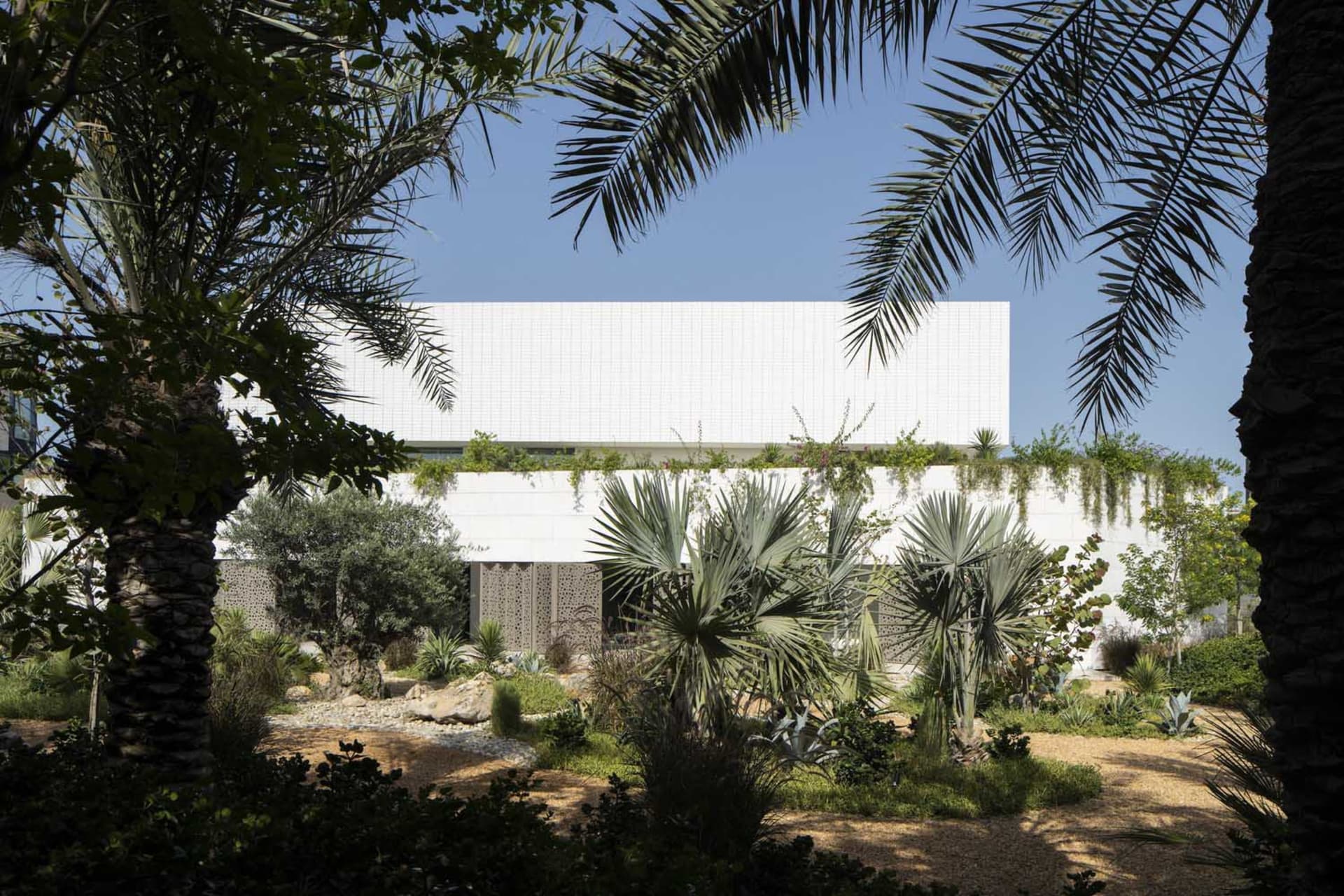 White box building with glass facade surrounded by greenery