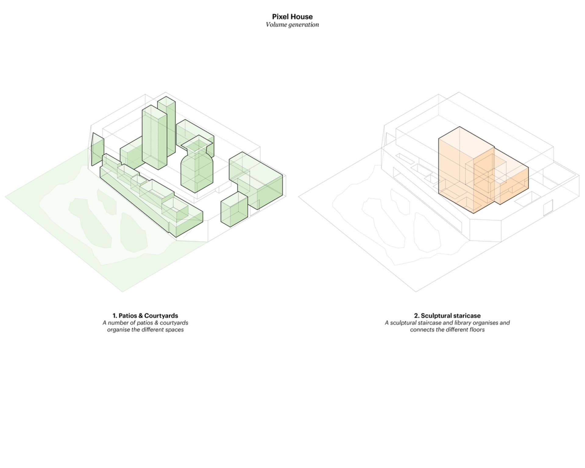 像素化房屋的建築渲染圖,採用混凝土結構並設有露台。