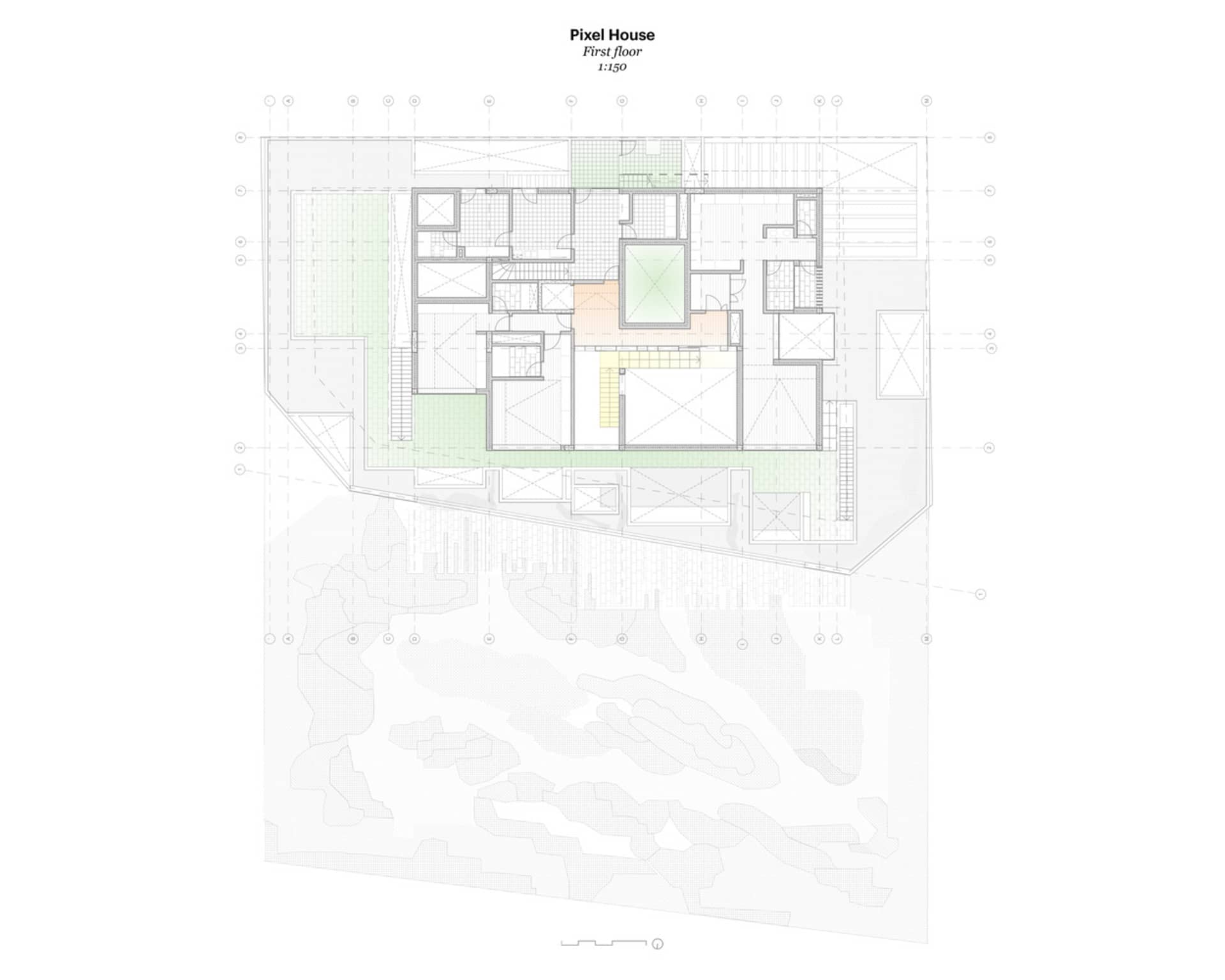 Pixel House 一樓平面圖,展示第一層的房間與空間配置。