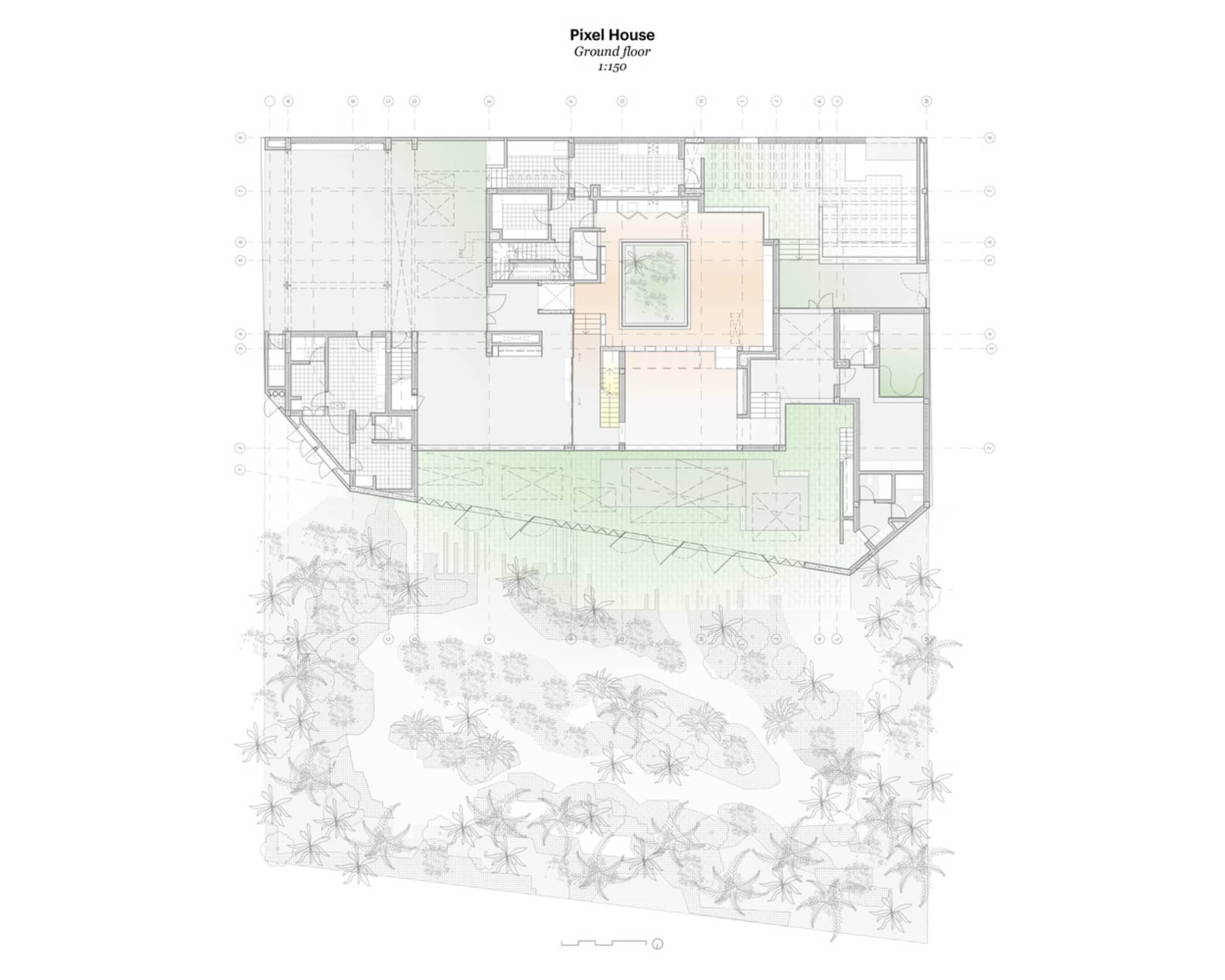 Pixel House 地面樓層的 2D 建築平面圖,展示房間與空間的配置。