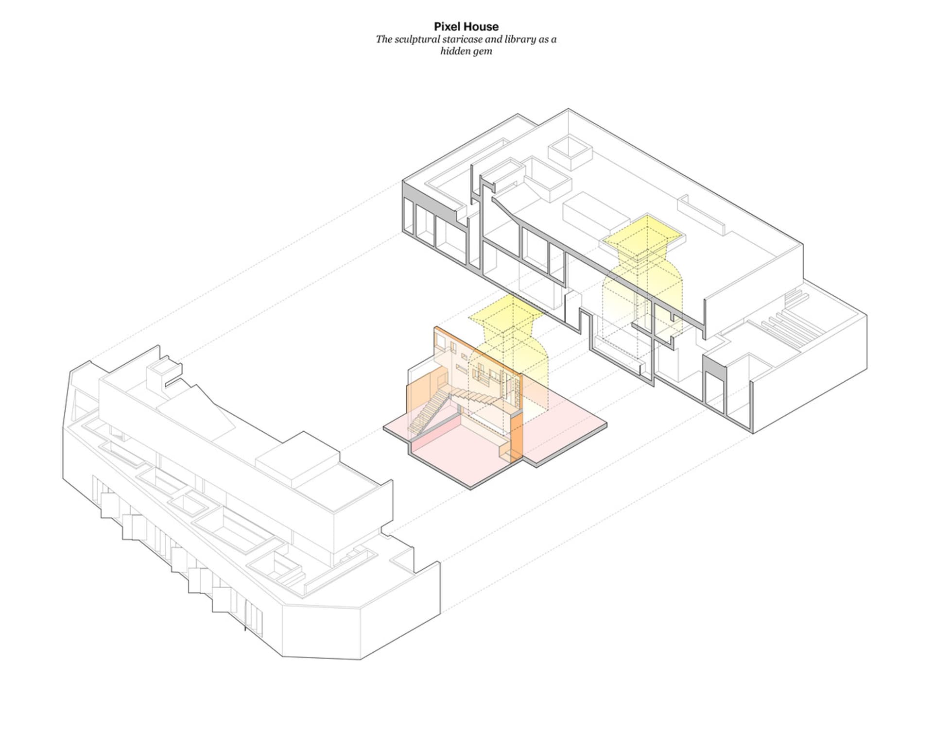 像素屋的線框渲染圖,展示建築平面配置與設計