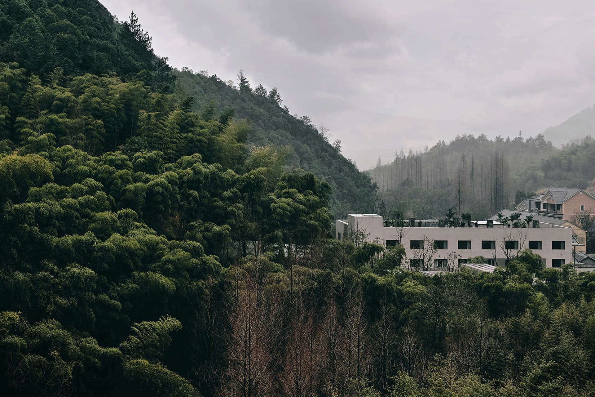 Modern, concrete residential buildings nestled among lush green trees and hills.