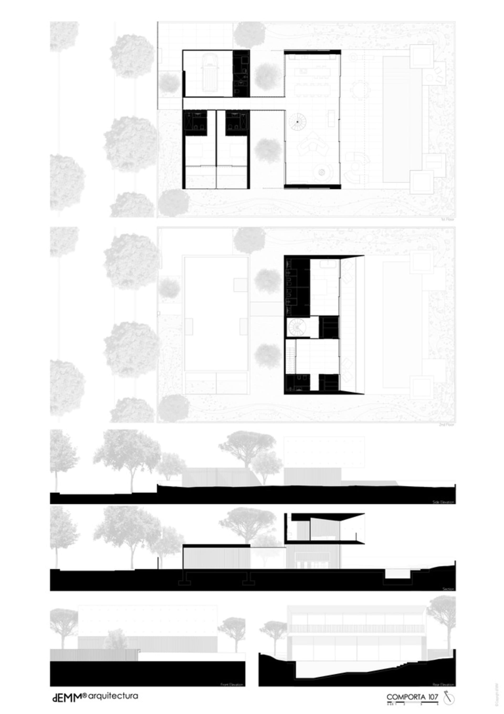 現代住宅的2D建築圖,包含渲染的外觀與室內視圖。