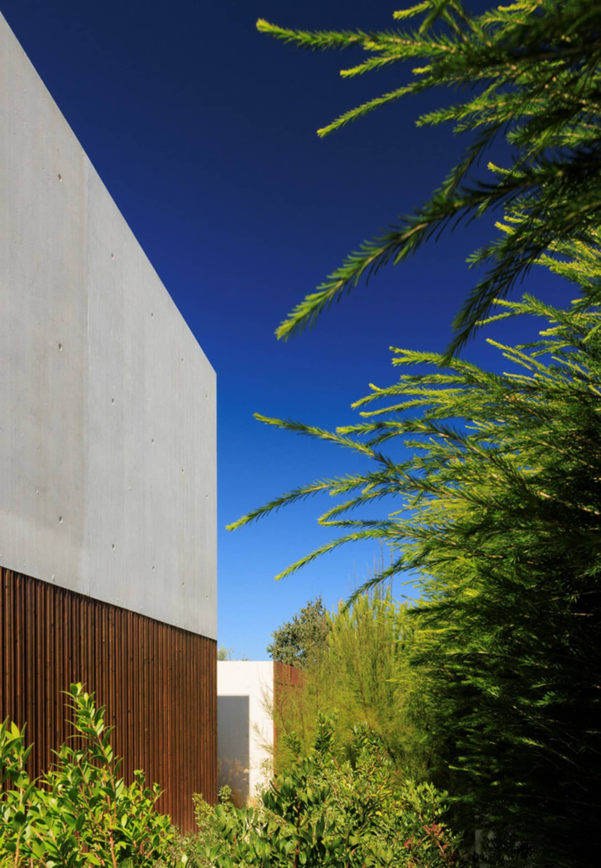 Modern building exterior featuring concrete and wooden surfaces.