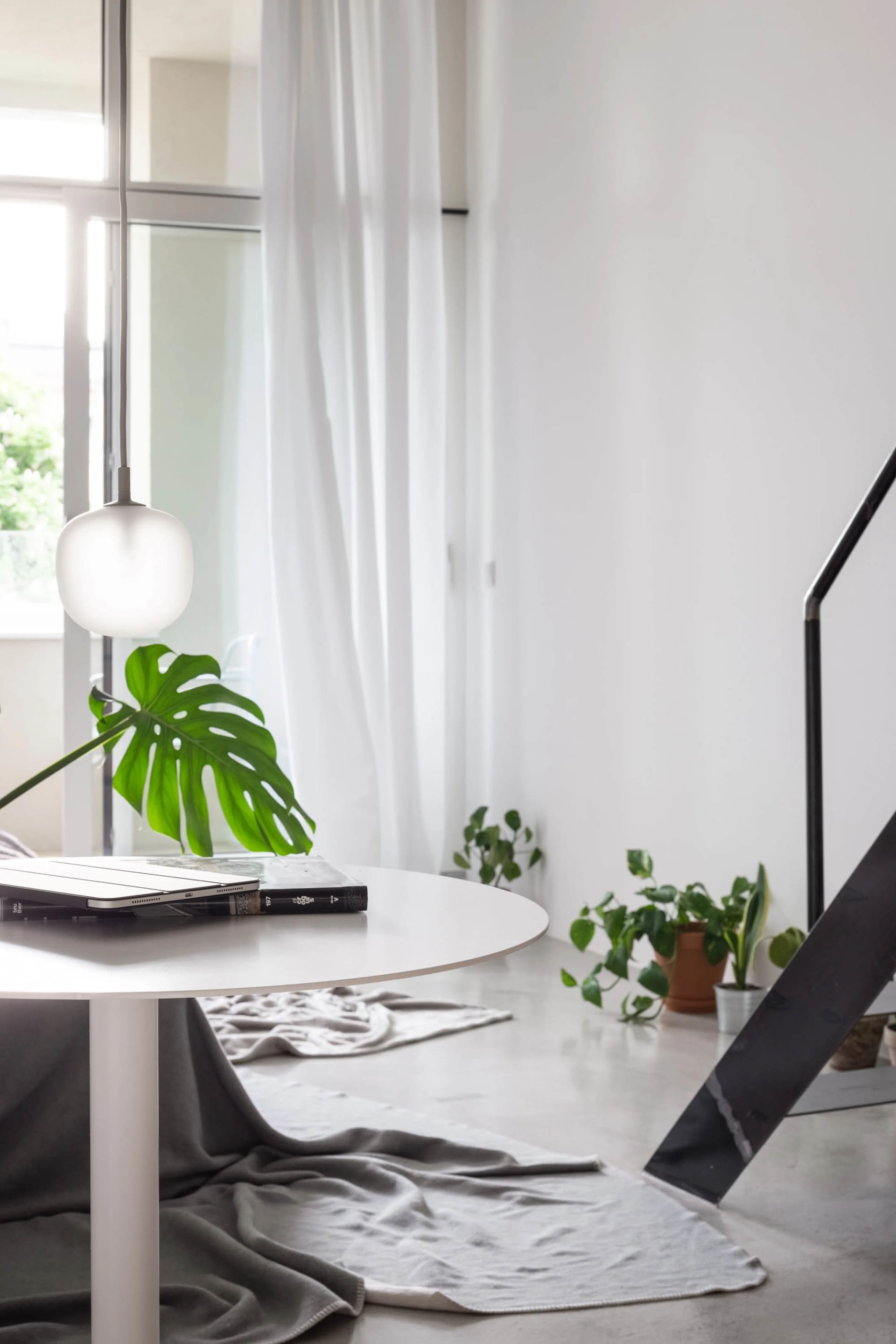 A modern interior scene featuring a concrete and glass plant display with a minimalist design and plants.