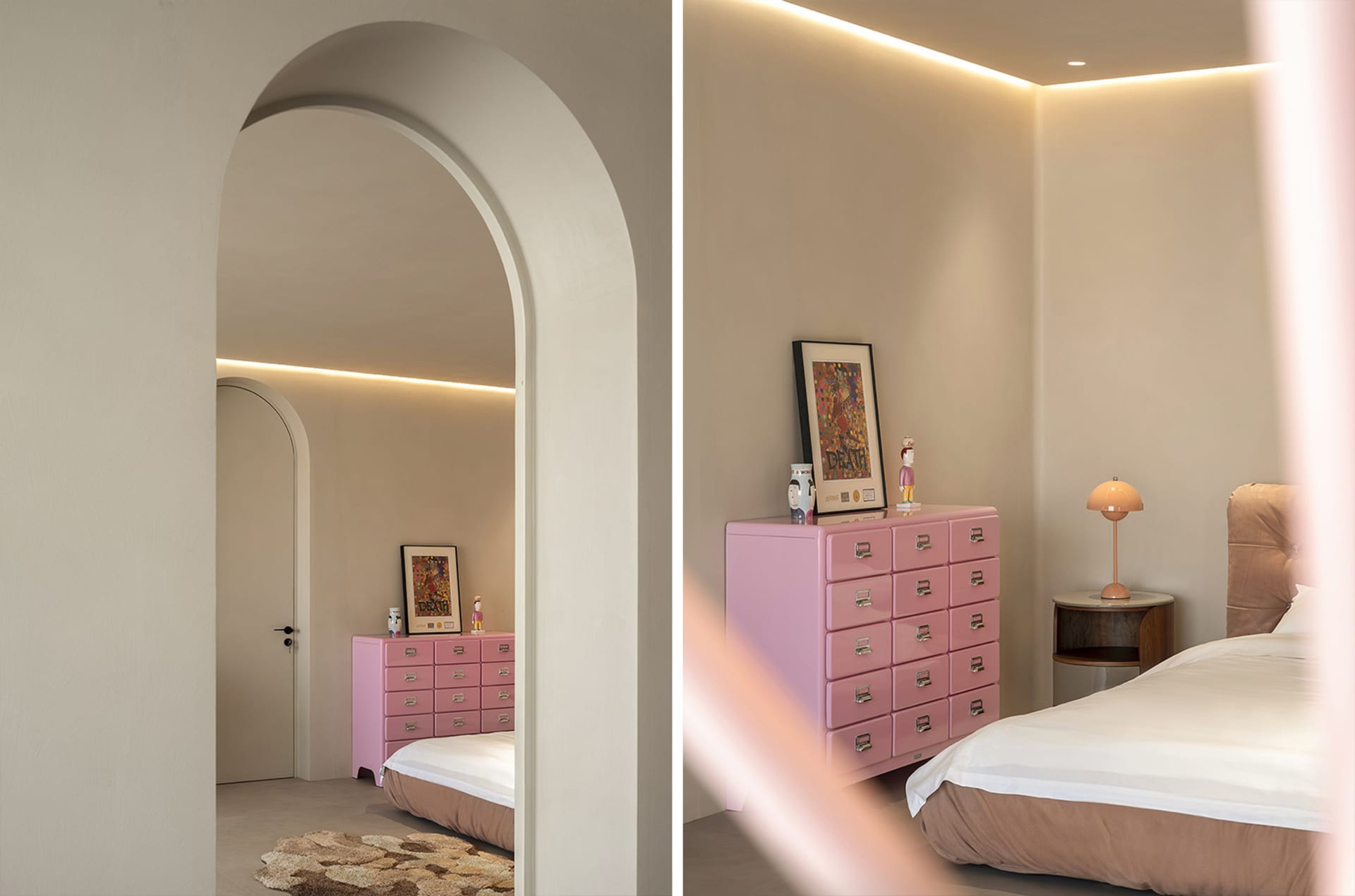 Minimalist bedroom with a pink metal dresser, white bedding, and a pink archway leading to a second room.