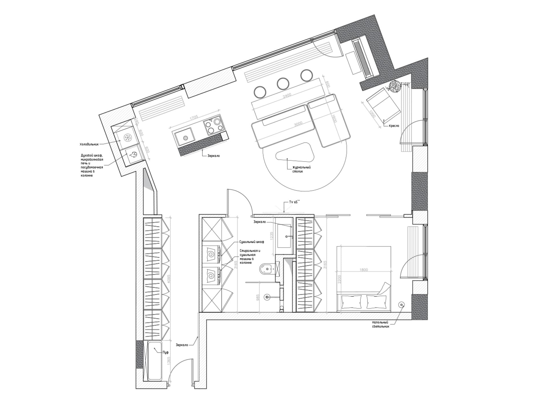A detailed 2D architectural drawing of a modern apartment layout with dimensions and labels indicating various functional zon