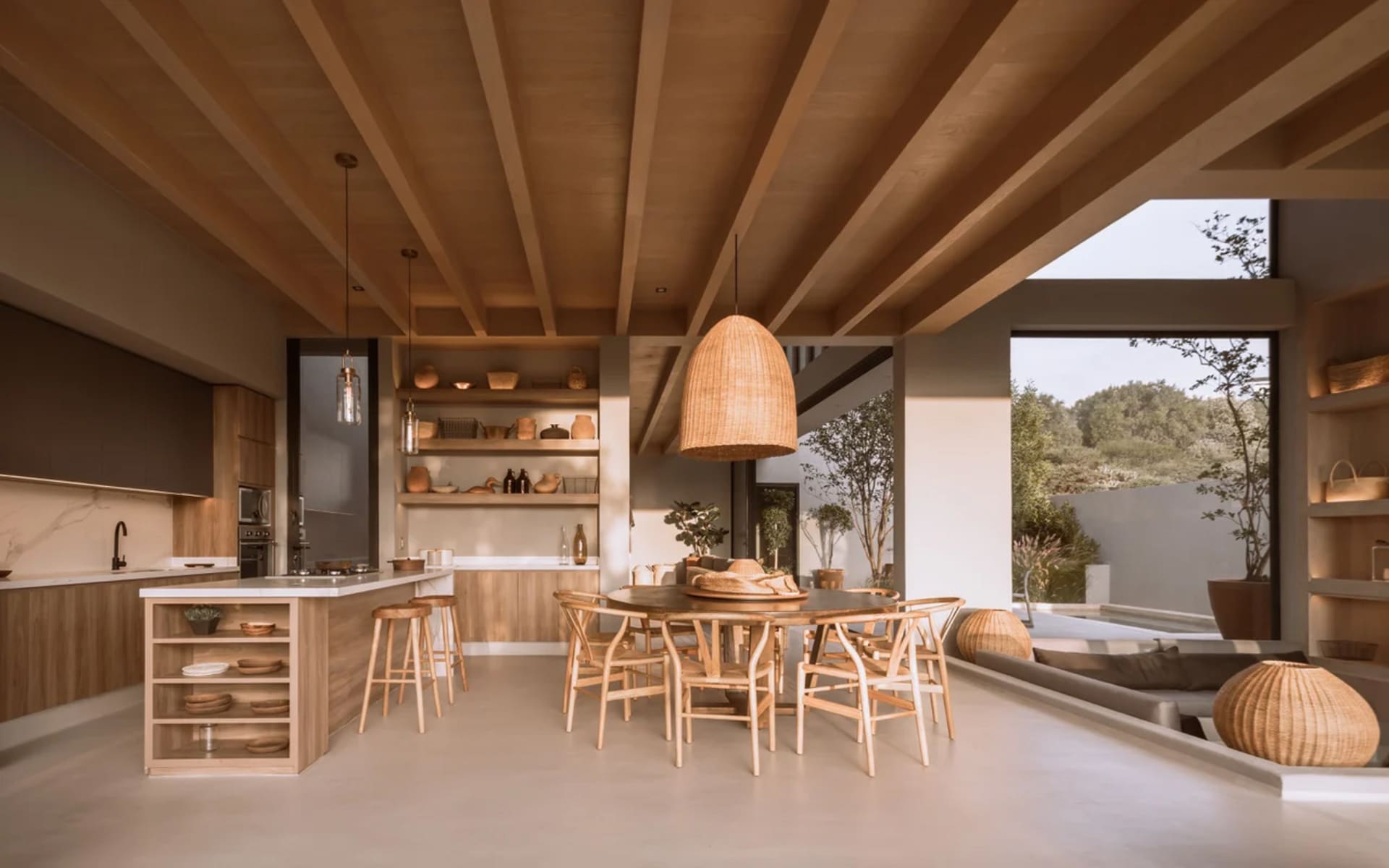 A modern, minimalist residential kitchen with wooden elements and open shelving.