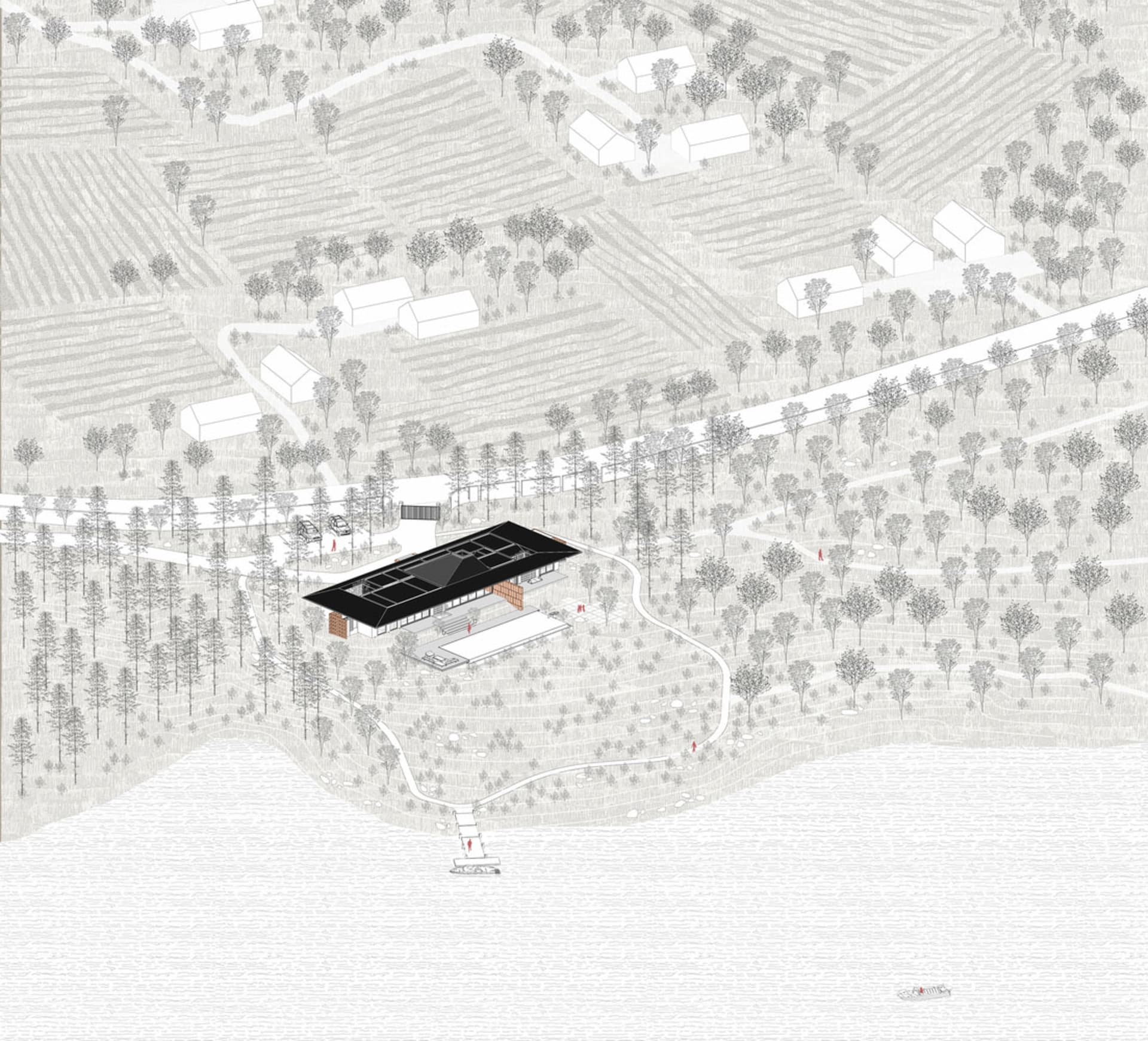 Architectural floor plan of a vacation house featuring wooden beams and a floor plan layout.