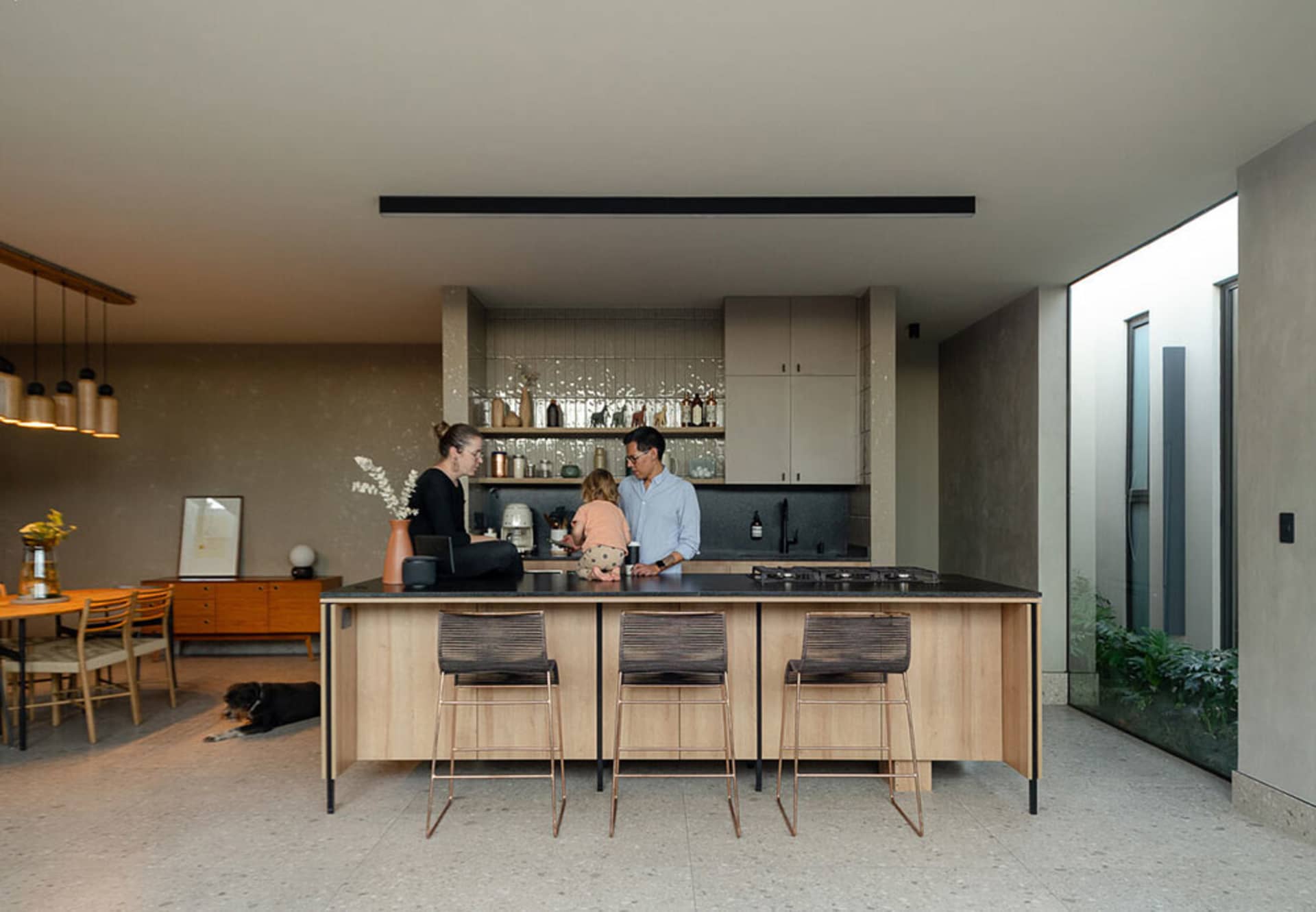 A modern family kitchen featuring concrete and glass materials with a focus on natural lighting and organic shapes.