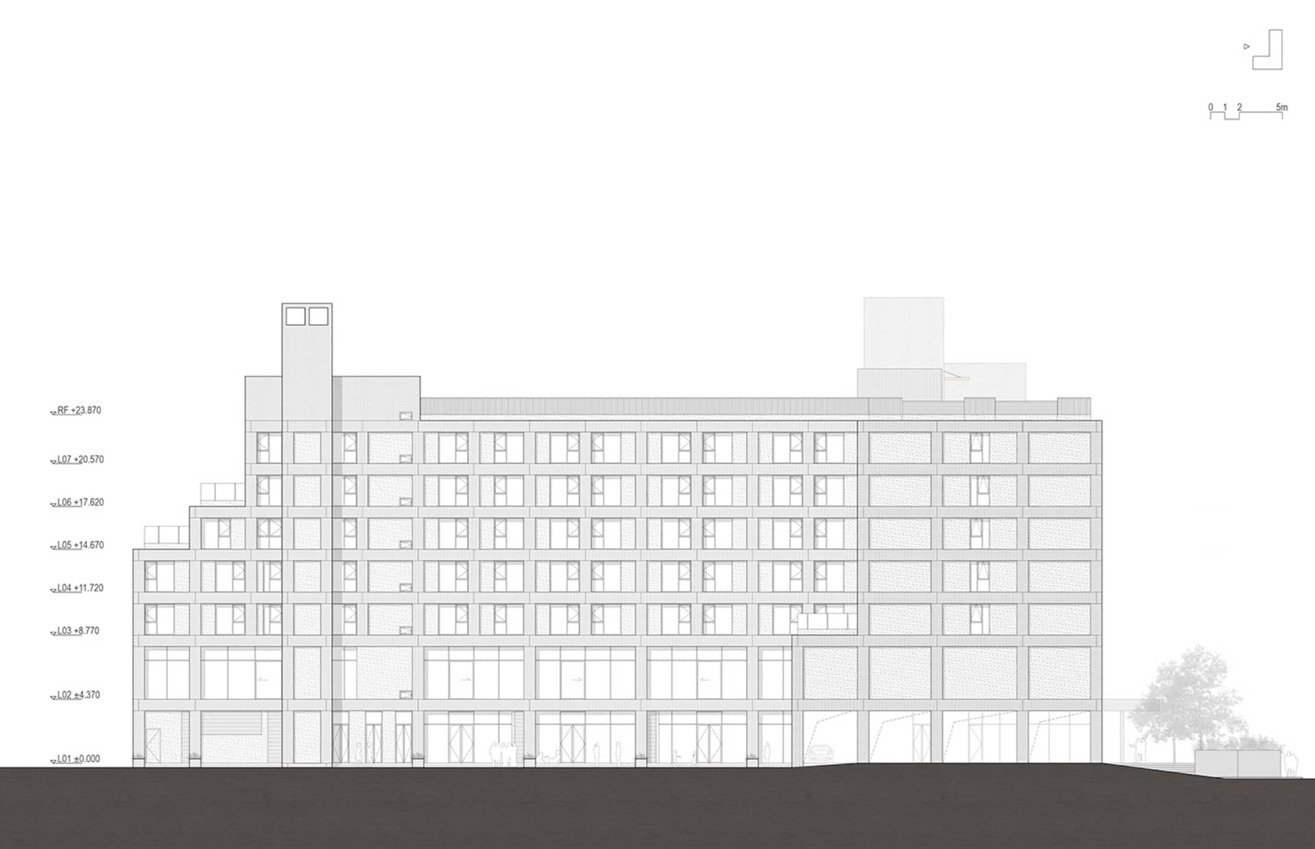 Elevated view of a modern office building constructed with concrete material.