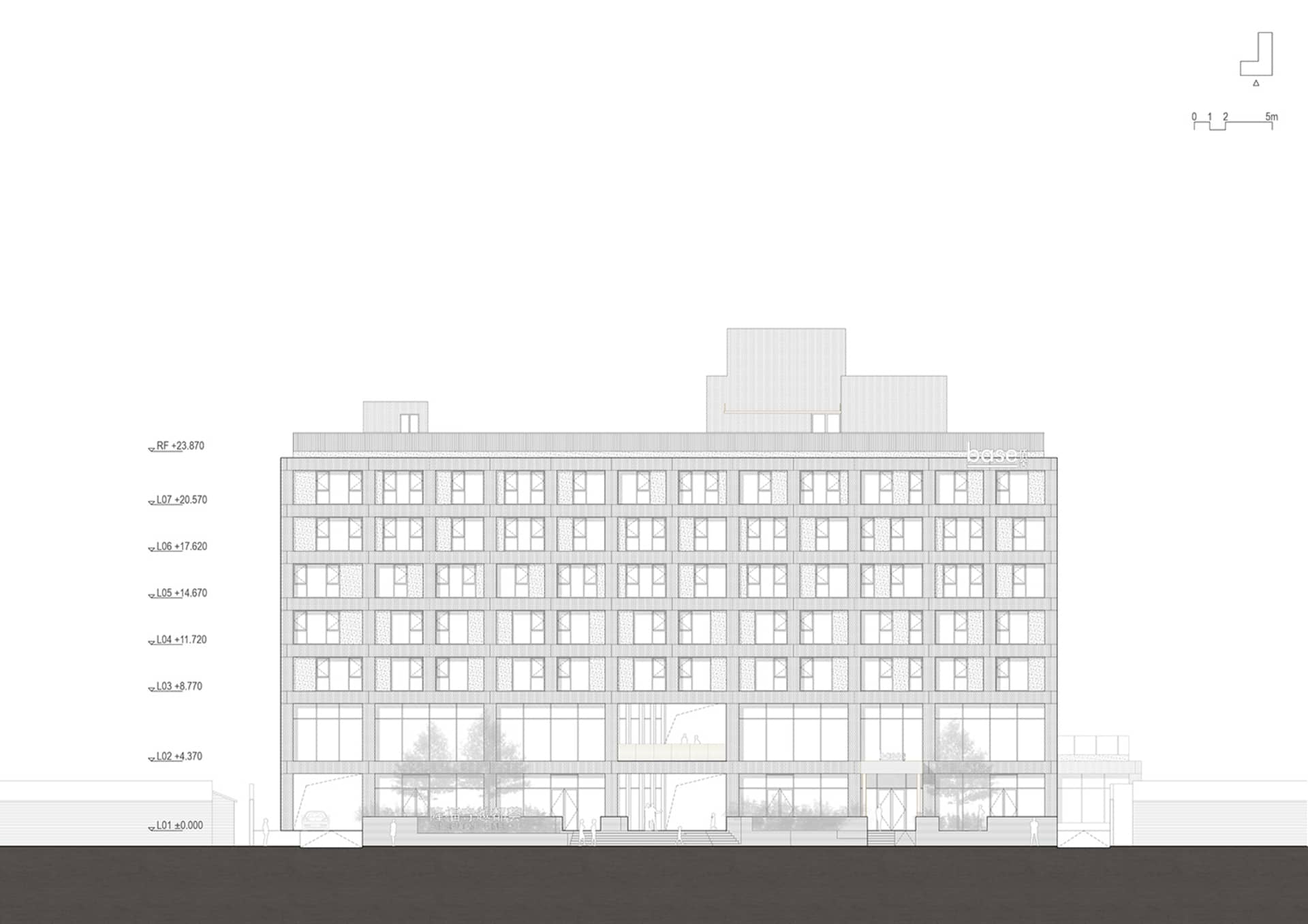 辦公大樓外觀的詳細建築圖,展示玻璃窗與混凝土結構元素。