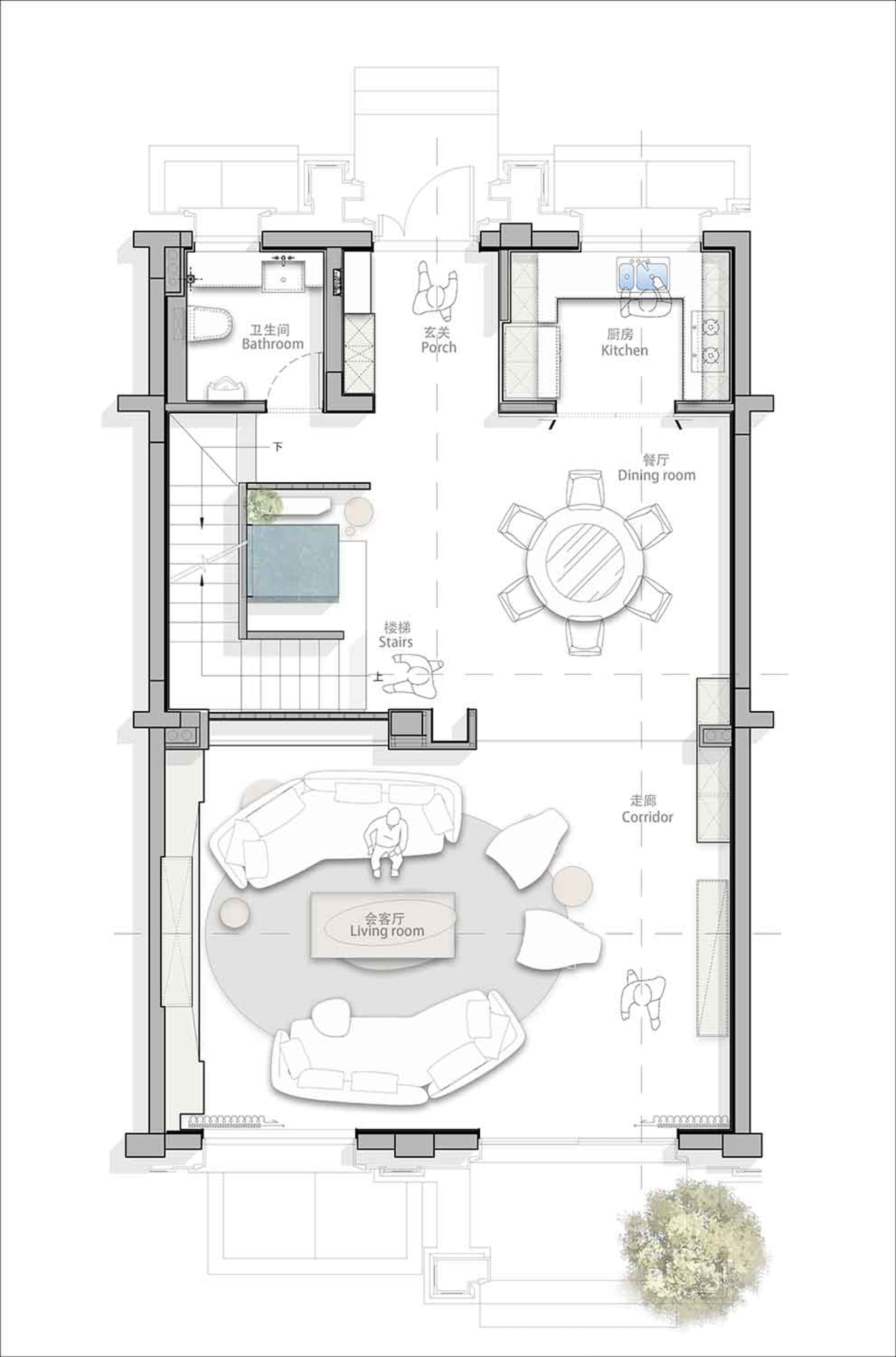 Floor plan of a modern living room with minimalist furniture and open layout.