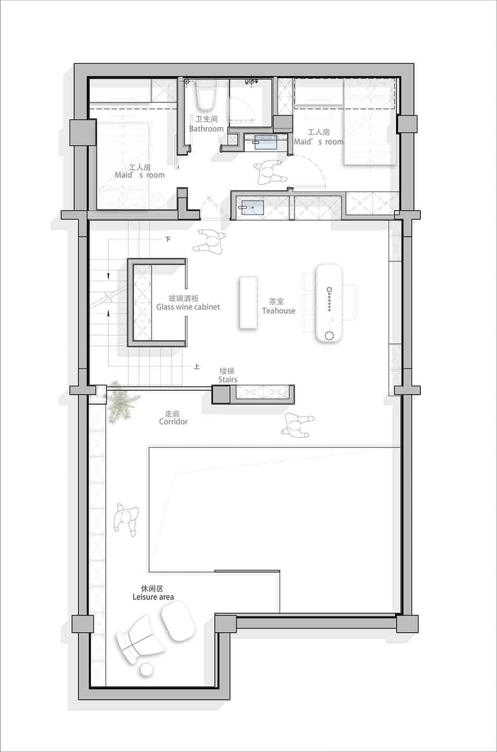 現代住宅平面圖,展示客廳區域、臥室、衛浴與廚房。