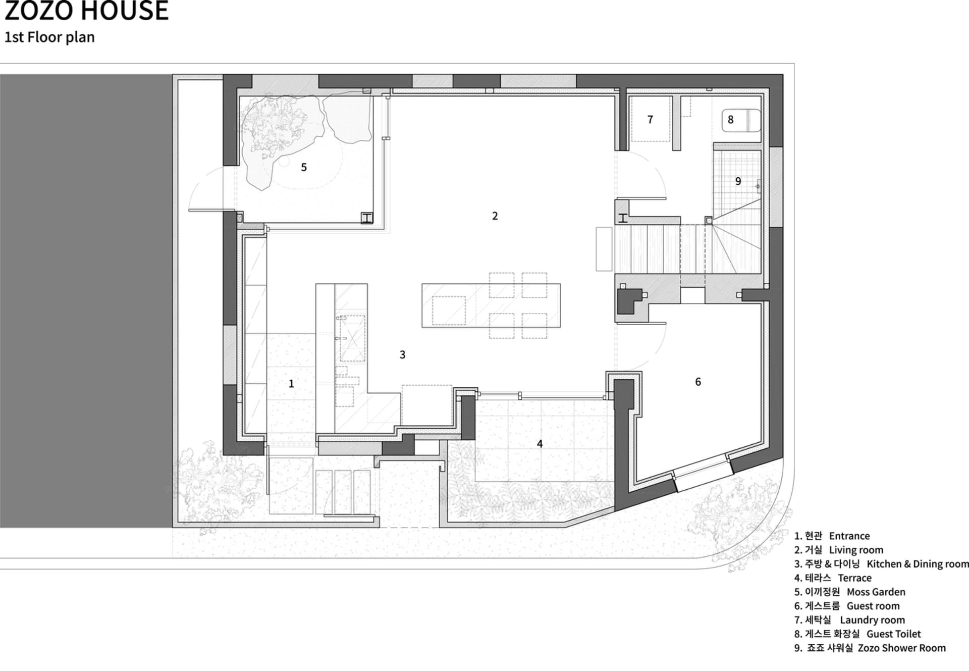A modern floor plan featuring a concrete interior design with a living room, kitchen, and dining area.