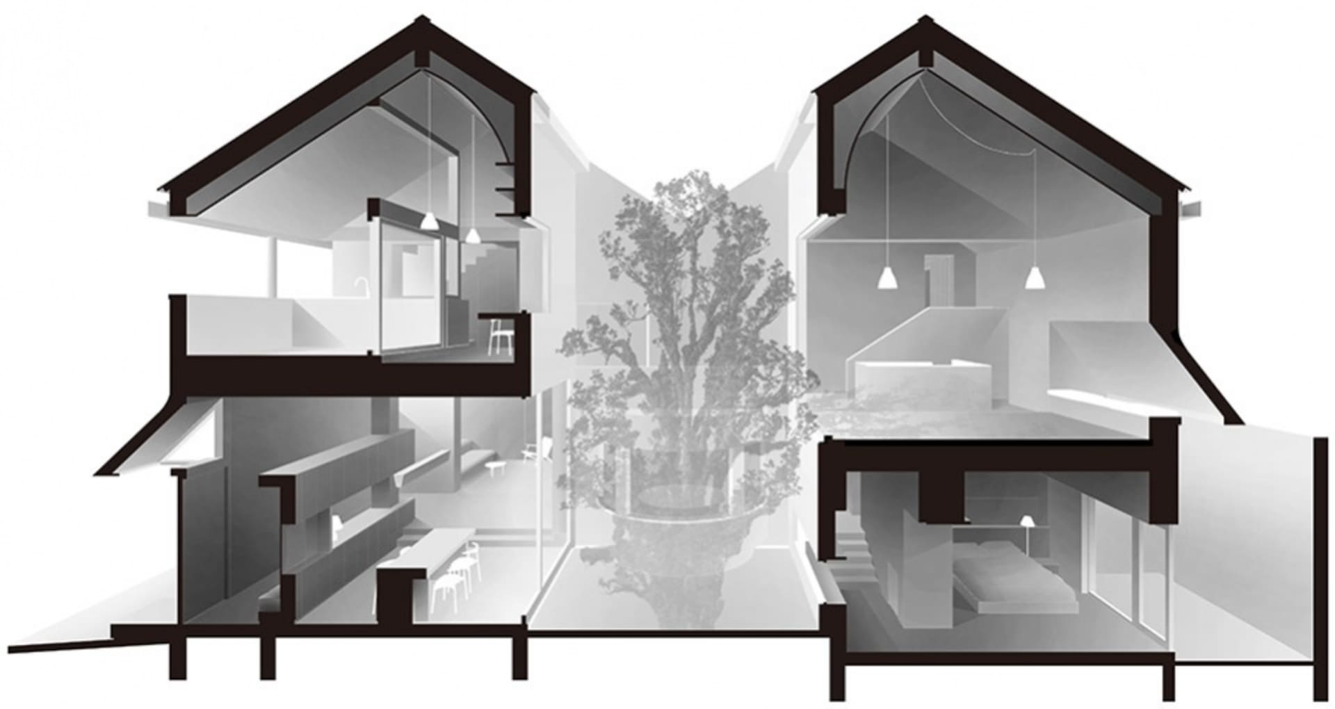 Cutaway view of a modern house interior showcasing glass materials for design purposes