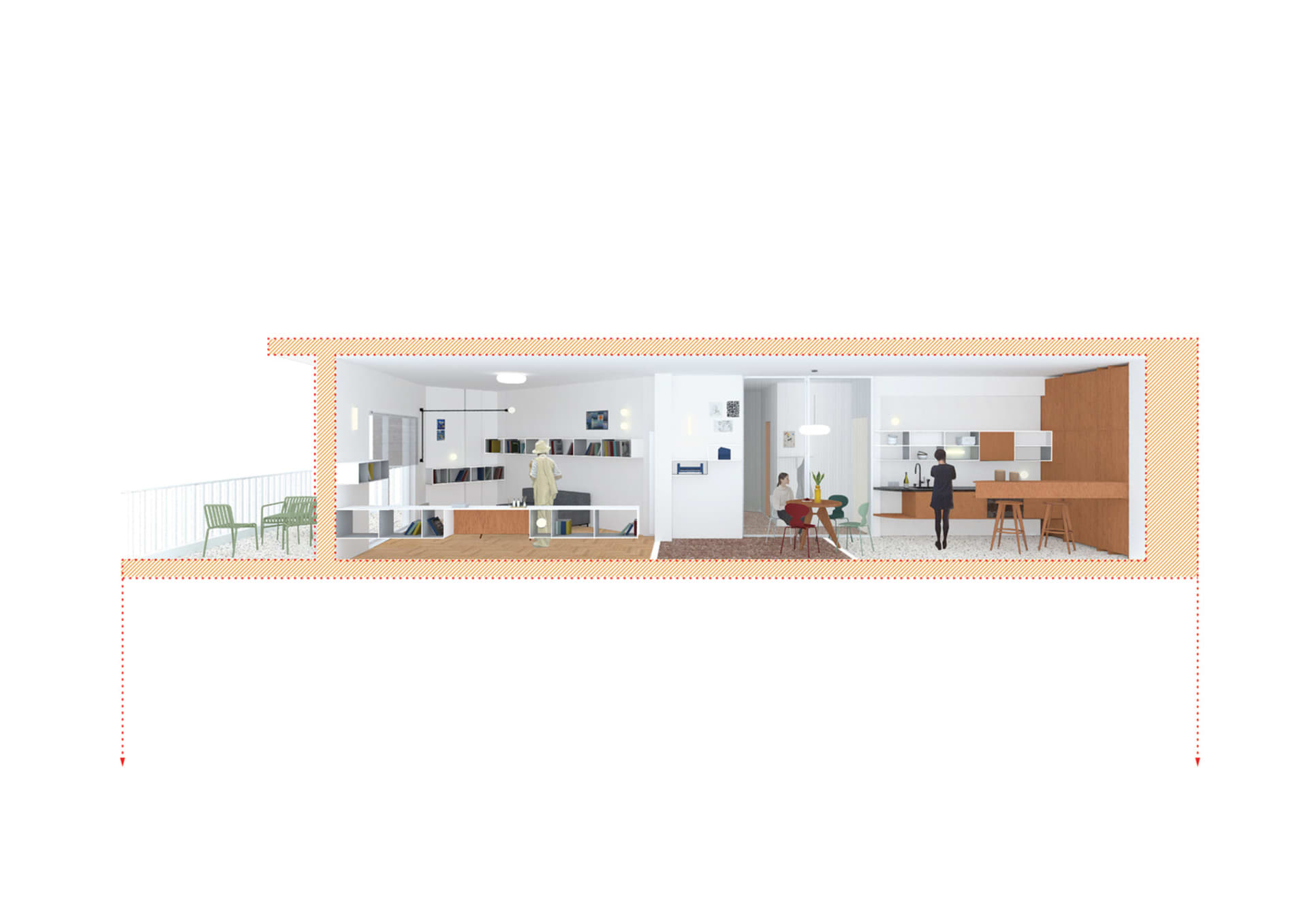 A modern residential interior concept with a clean, open layout and contemporary furniture.
