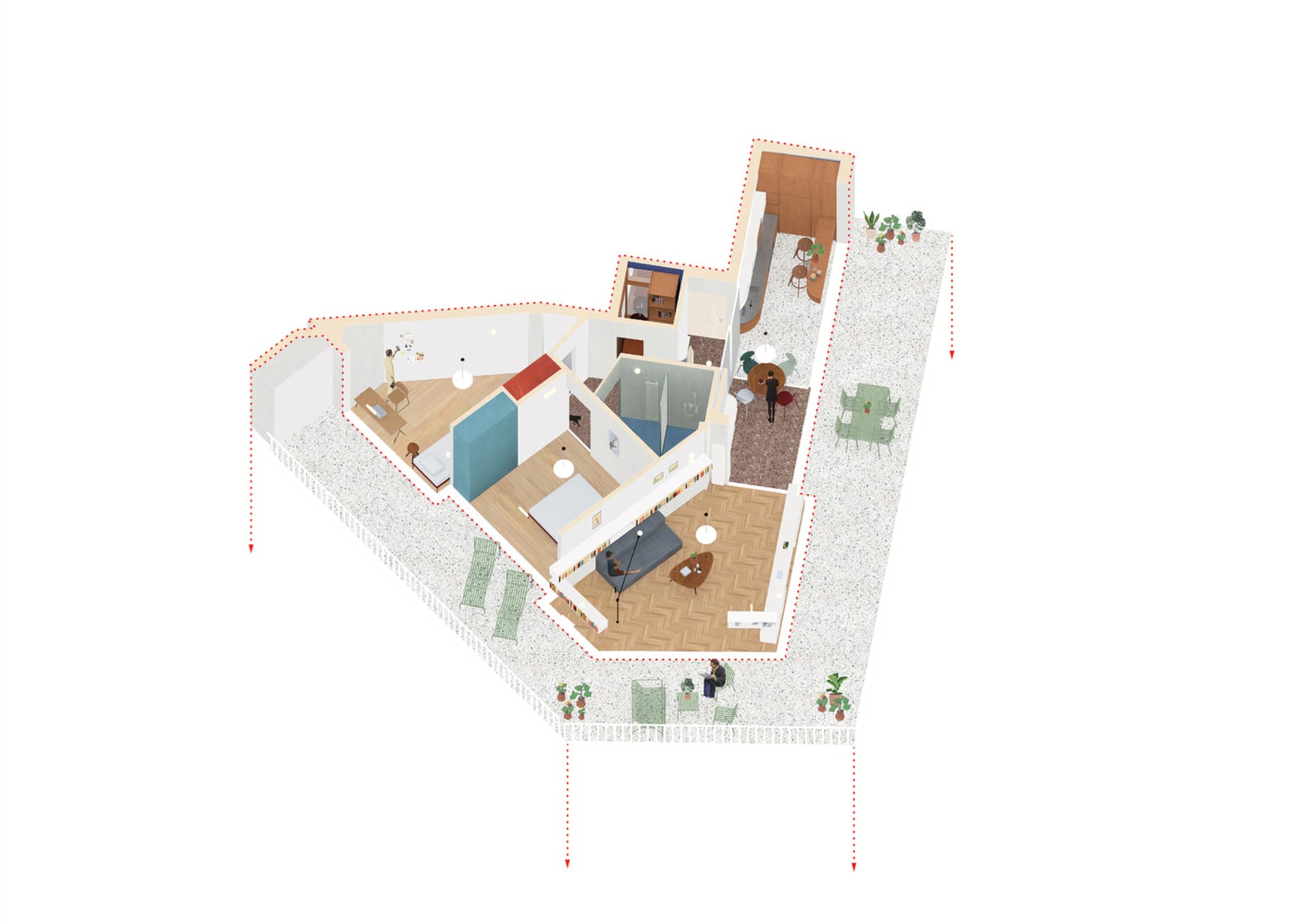 A top-down view of a modern apartment with polygonal flooring patterns, white walls, and minimalistic furniture.