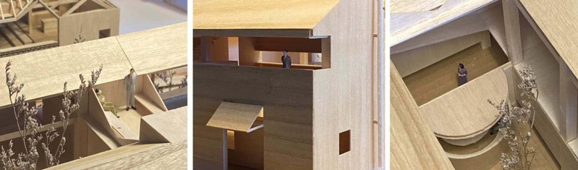 3D architectural model of a wooden structure with small figurines representing people.