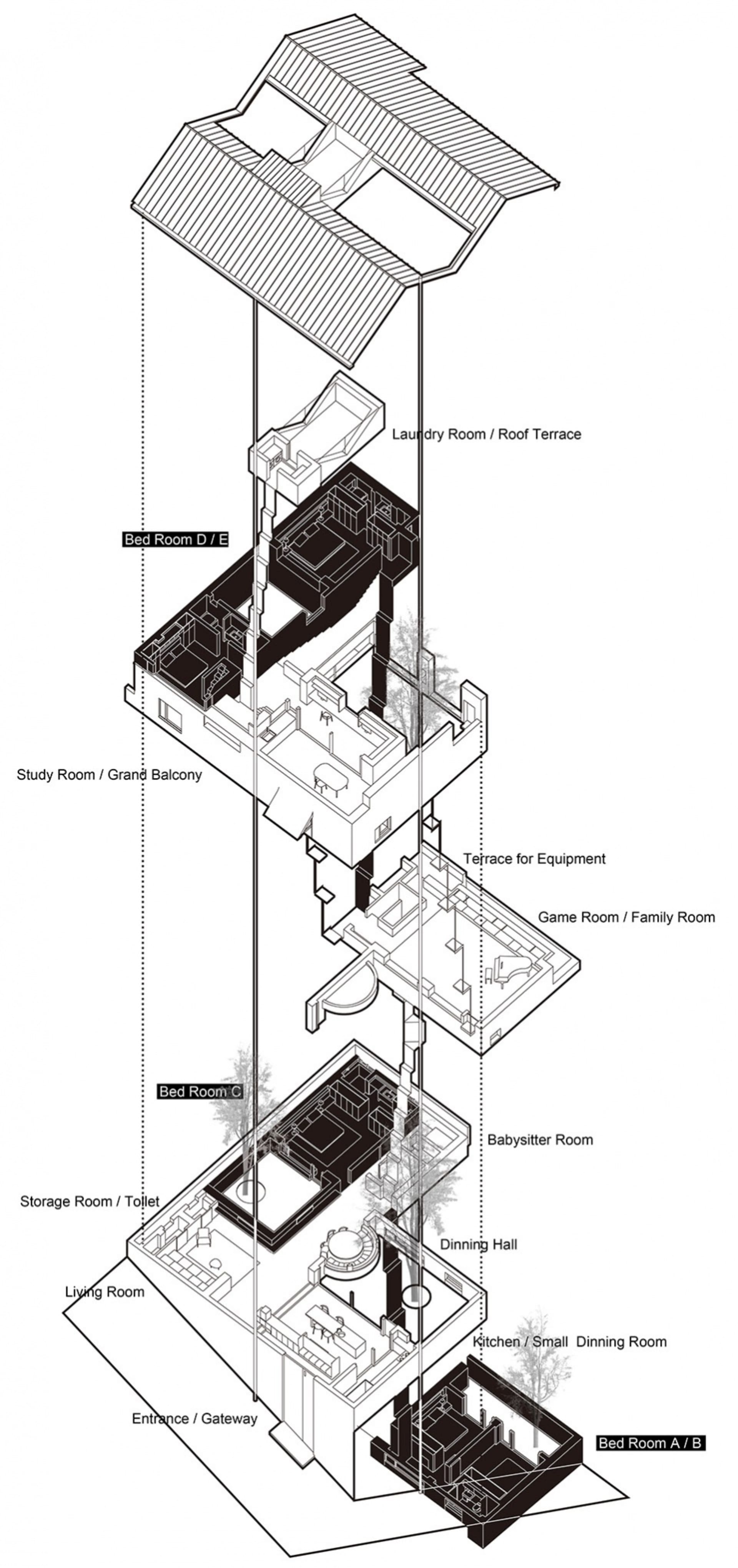 Cross-sectional architectural drawing of a house revealing detailed room layouts.