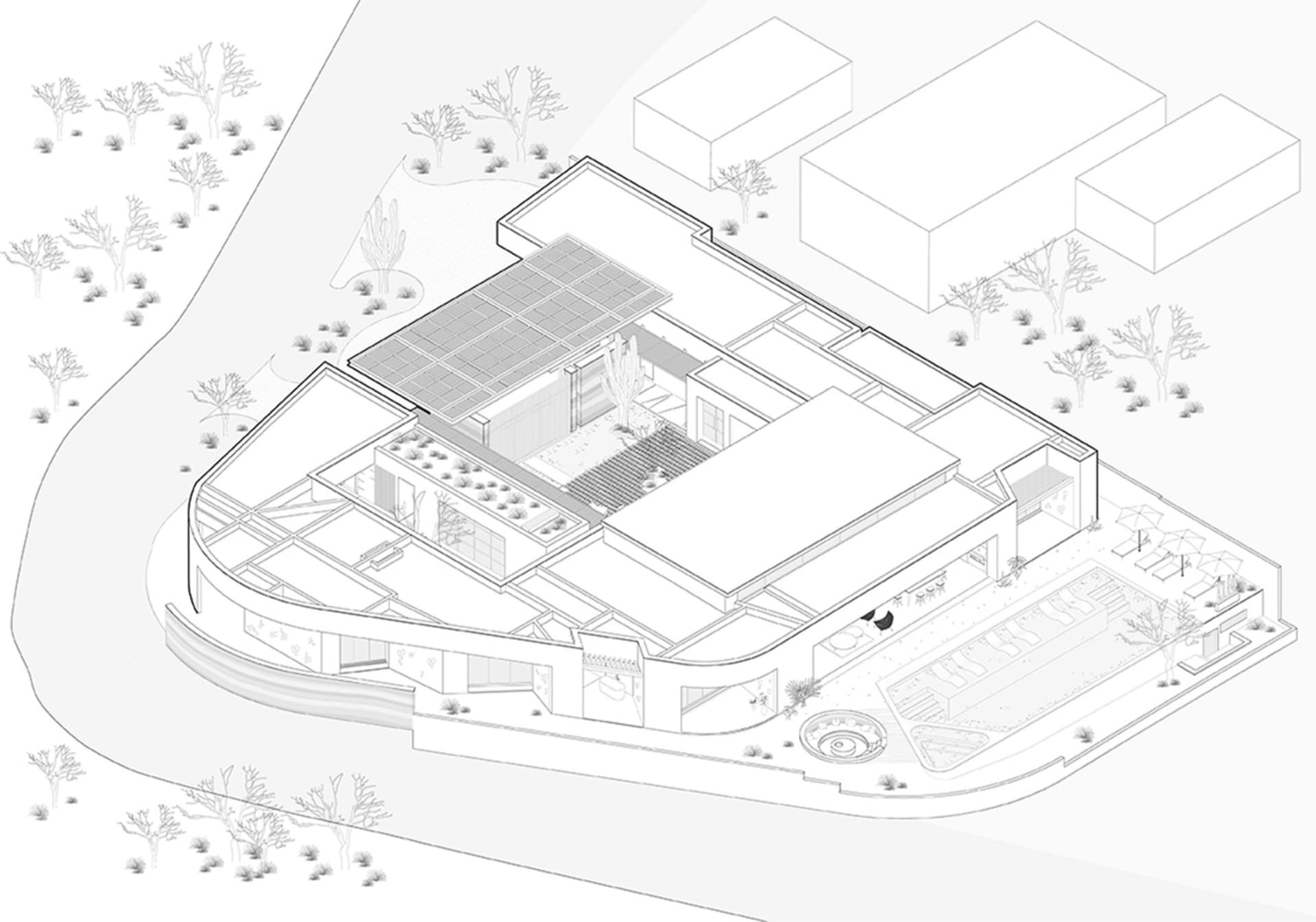 Floor plan of a modern residential home showcasing innovative design elements and open spaces, surrounded by natural scenery.