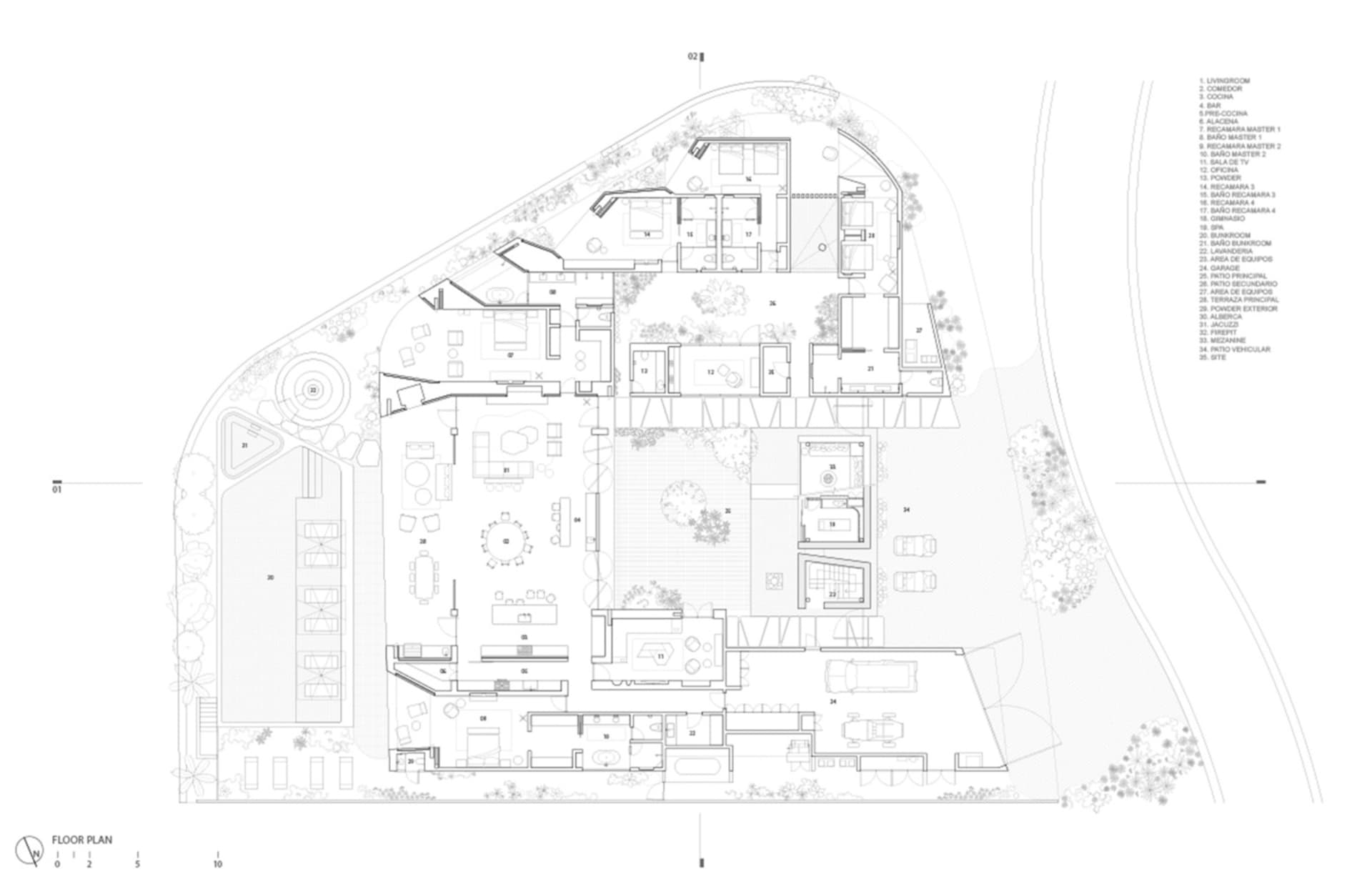 Floor plan of a modern residential space with glass and concrete materials