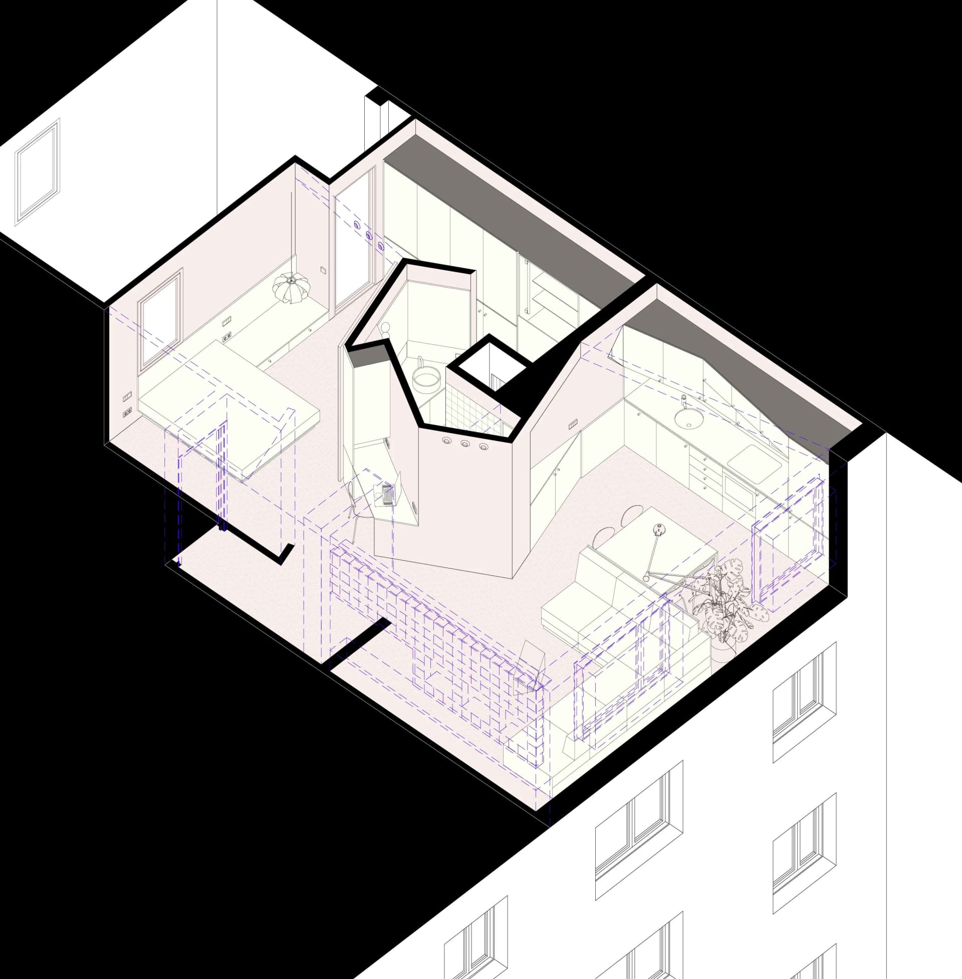 Schematic floor plan of a modern apartment with white walls, featuring a living room, kitchen, bedroom, and bathroom.