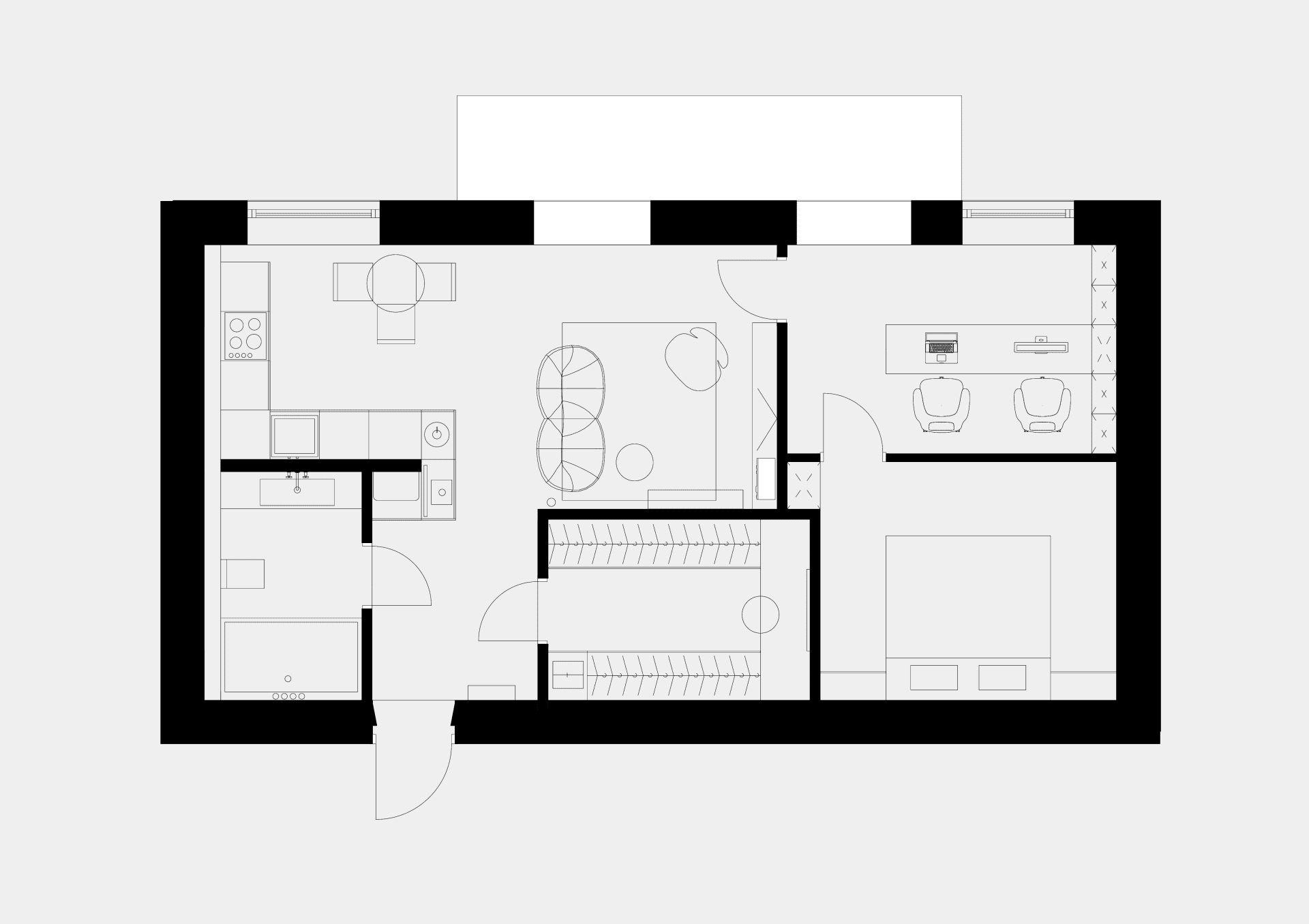 一張極簡住宅平面圖，包含客廳、廚房、臥室與衛浴。