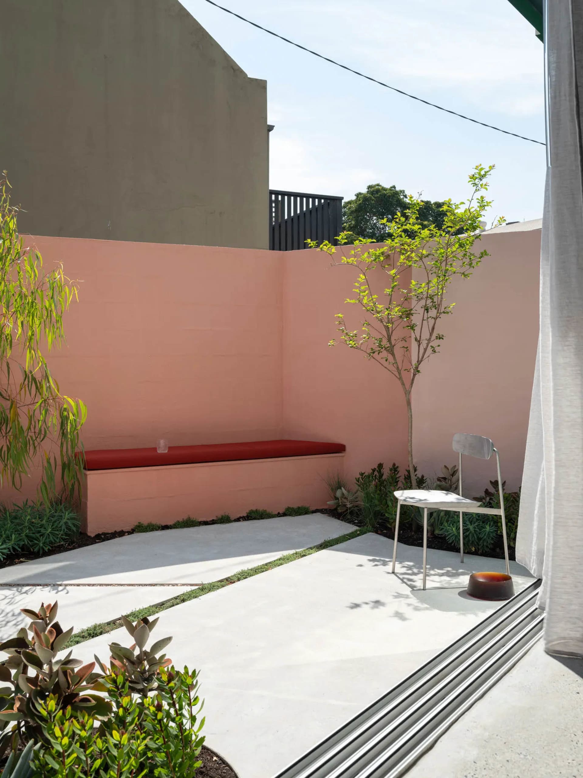 A minimalist outdoor space with a concrete floor and walls, featuring a cushioned seating area and a small tree in a planter.