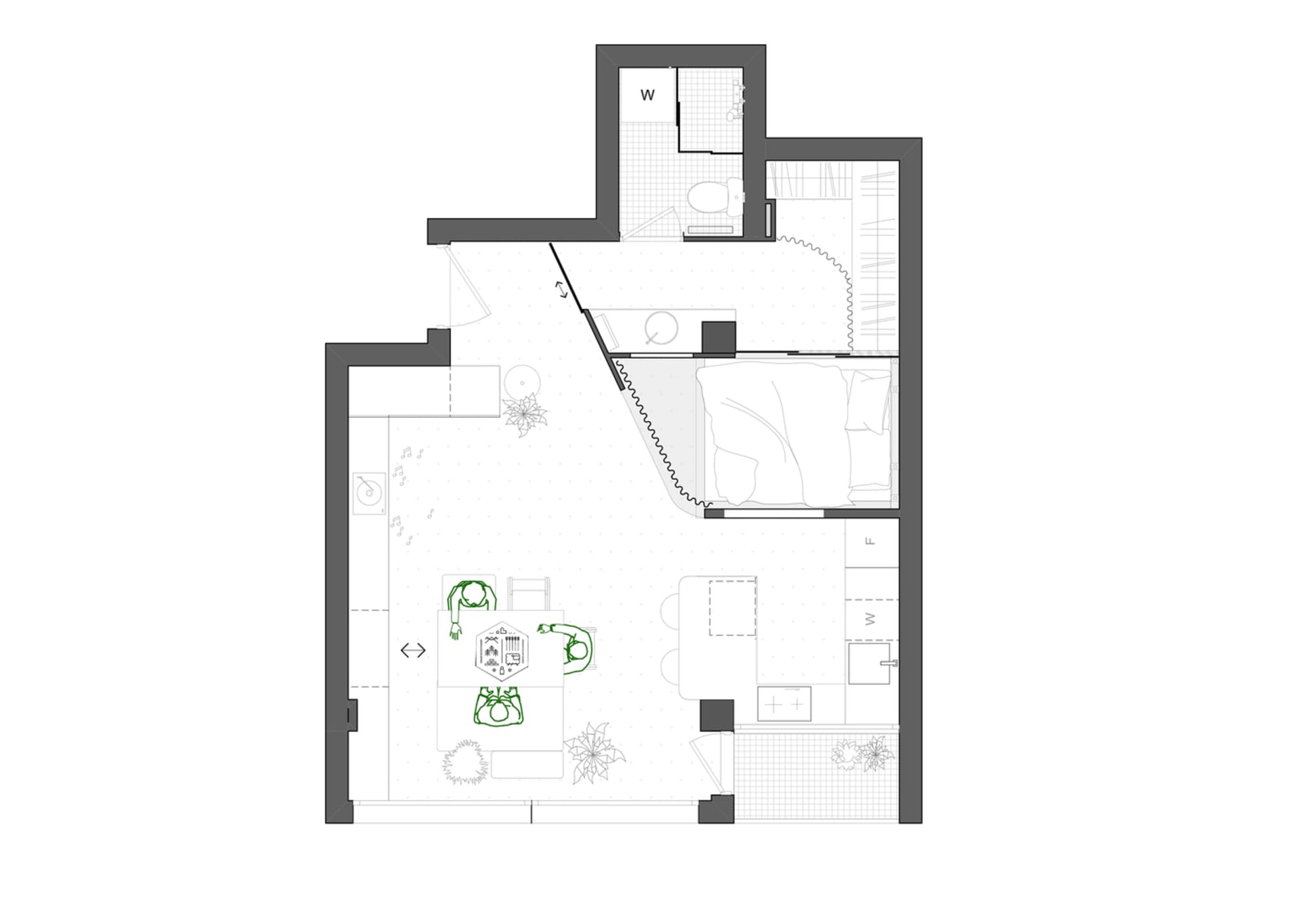 Minimalist studio apartment layout with small kitchenette, bedroom, and bathroom.