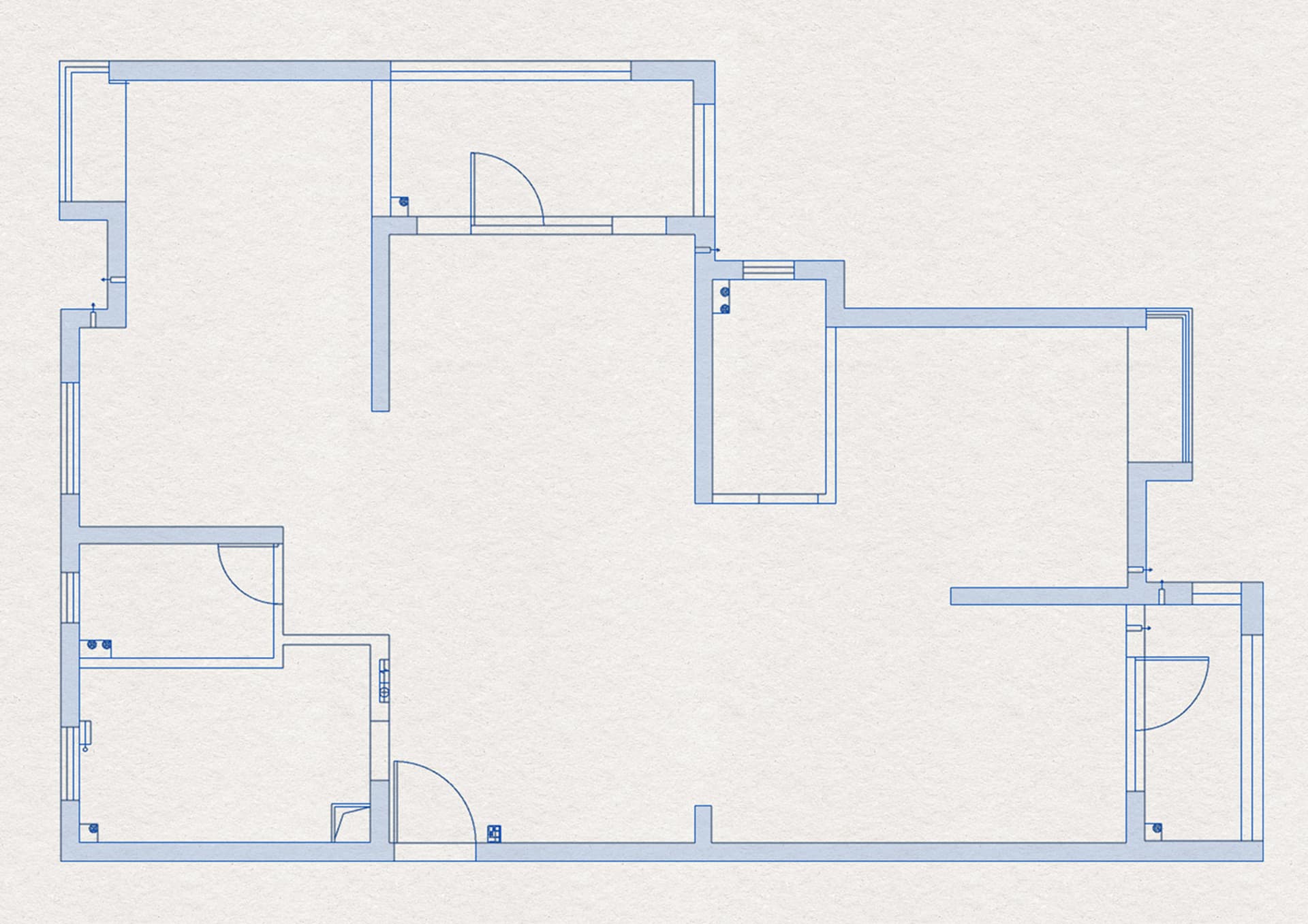 A blueprint-style architectural floor plan of a modern apartment.