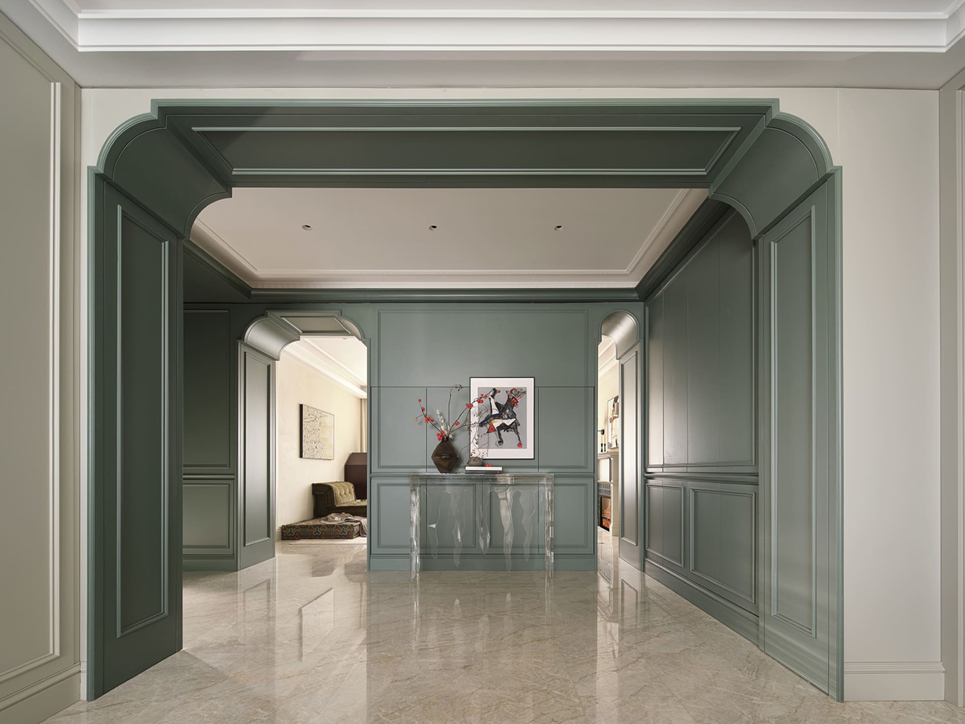 Modern living room interior with marble flooring, showcasing minimalist design elements.