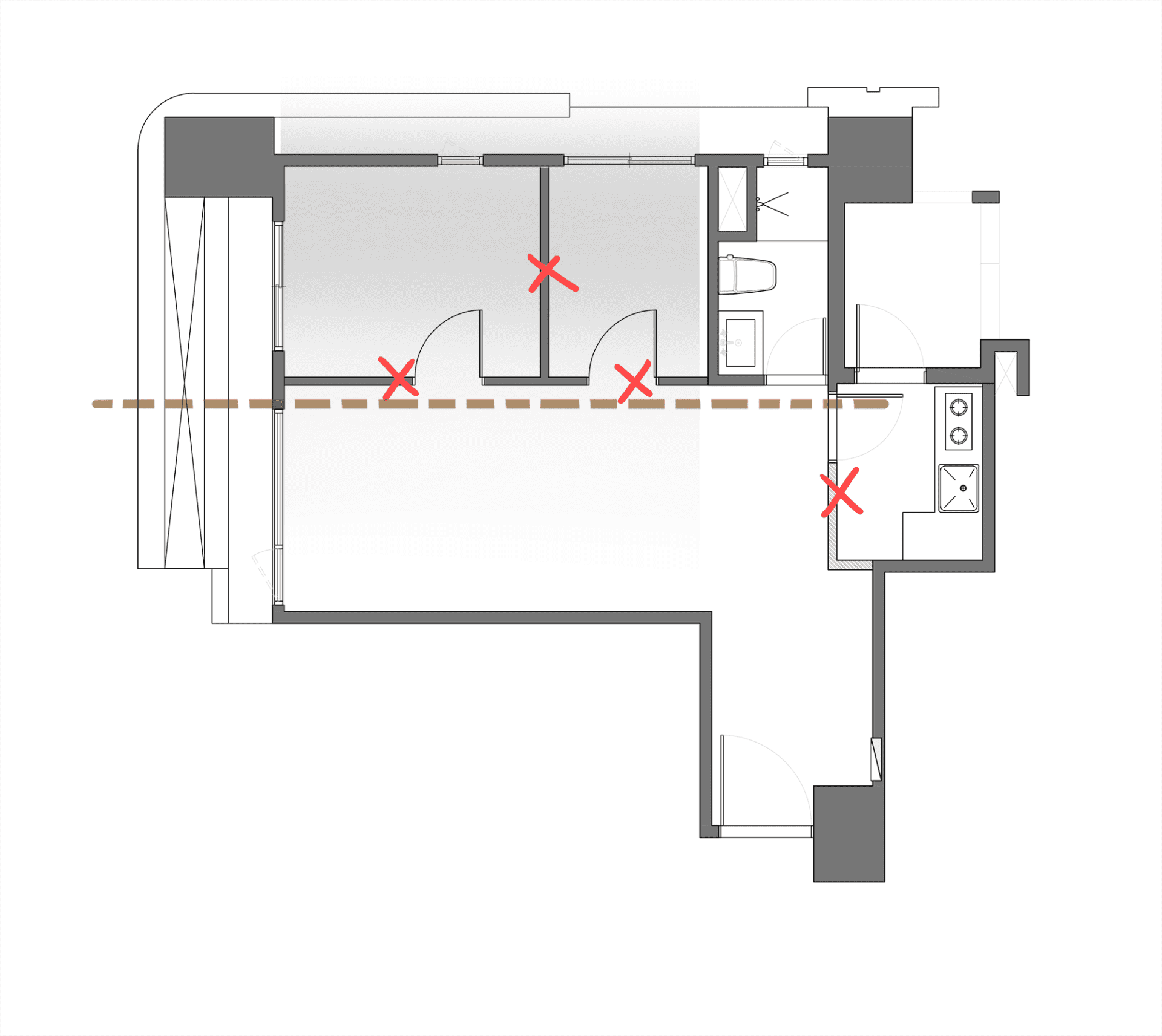 住宅建築的平面圖，標示出各區域的位置。