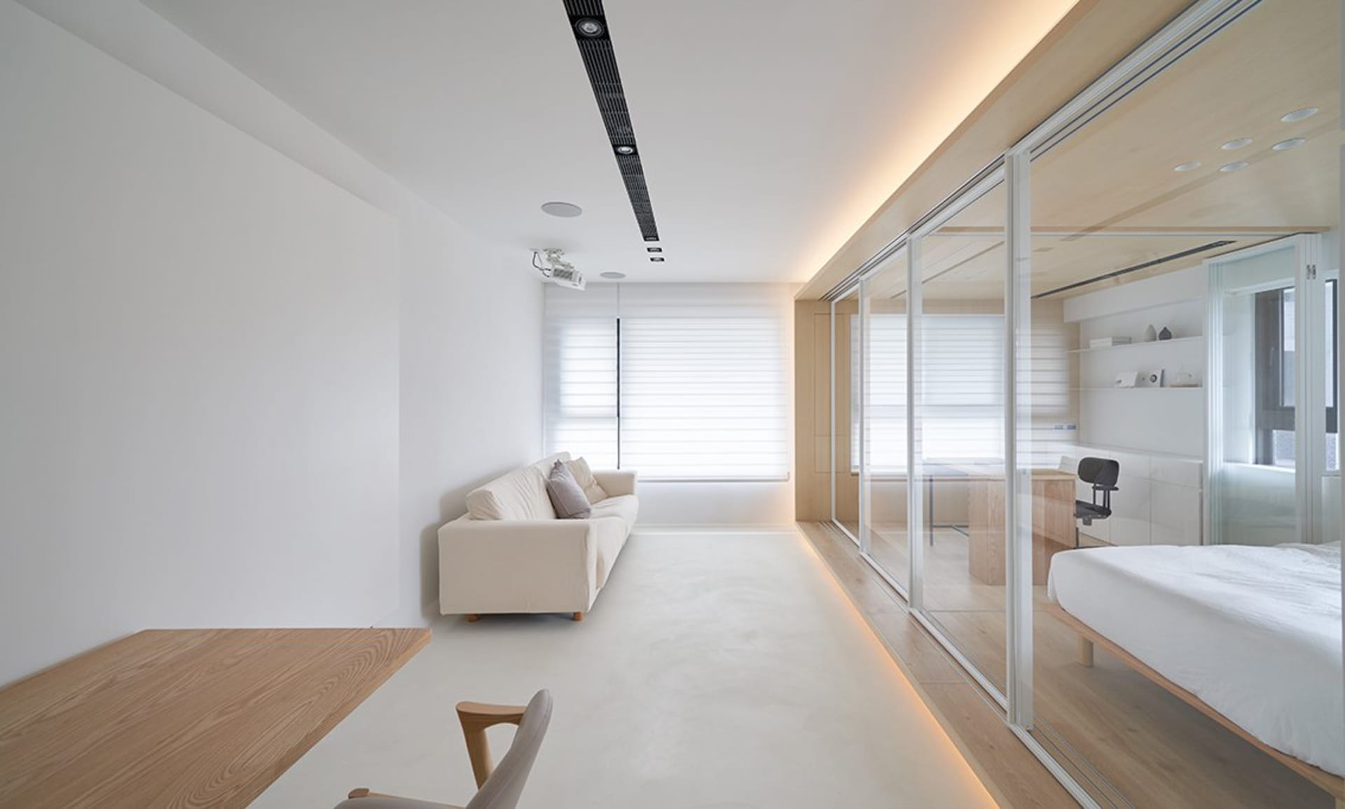 Minimalist Living Room with White Walls and Wooden | Feel Design