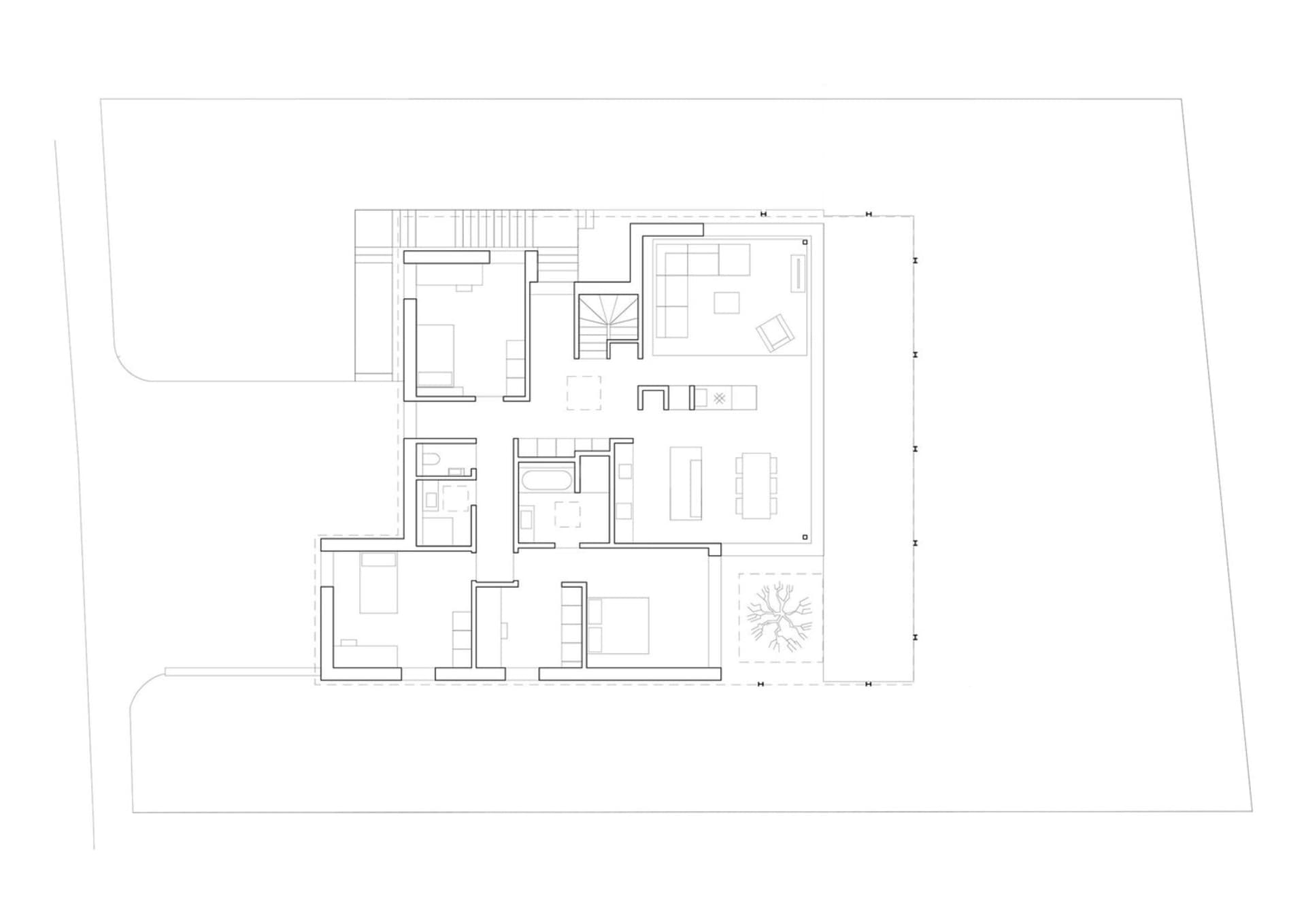 Modern home interior depicted in a floor plan layout, showcasing contemporary design elements.