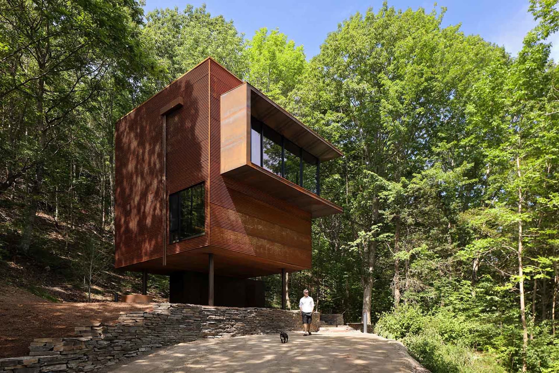 A modern residential exterior with wooden cladding and large windows surrounded by green foliage.