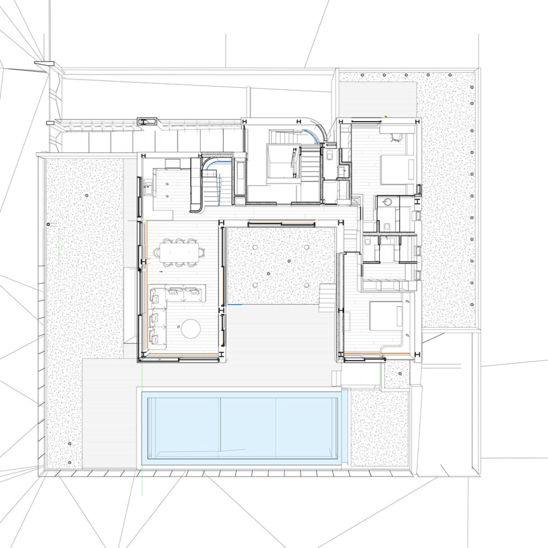 現代住宅建築平面圖，融合木質、混凝土與玻璃材質。