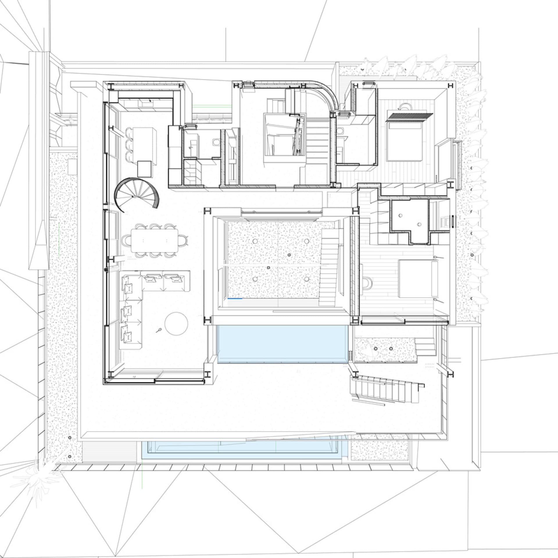 Floor plan of a modern residential home featuring concrete and glass materials.