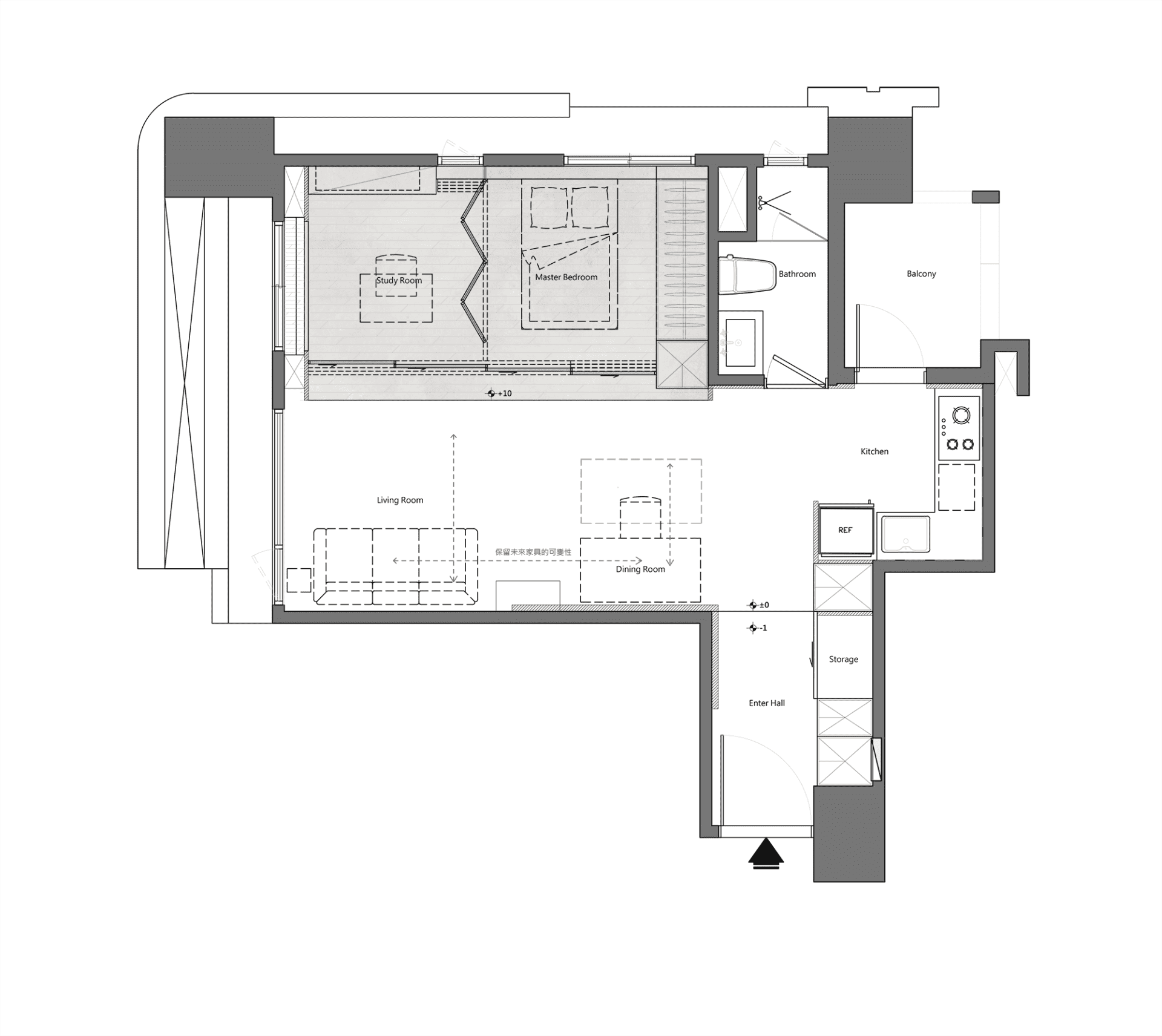 A modern living room layout featuring tiled flooring.