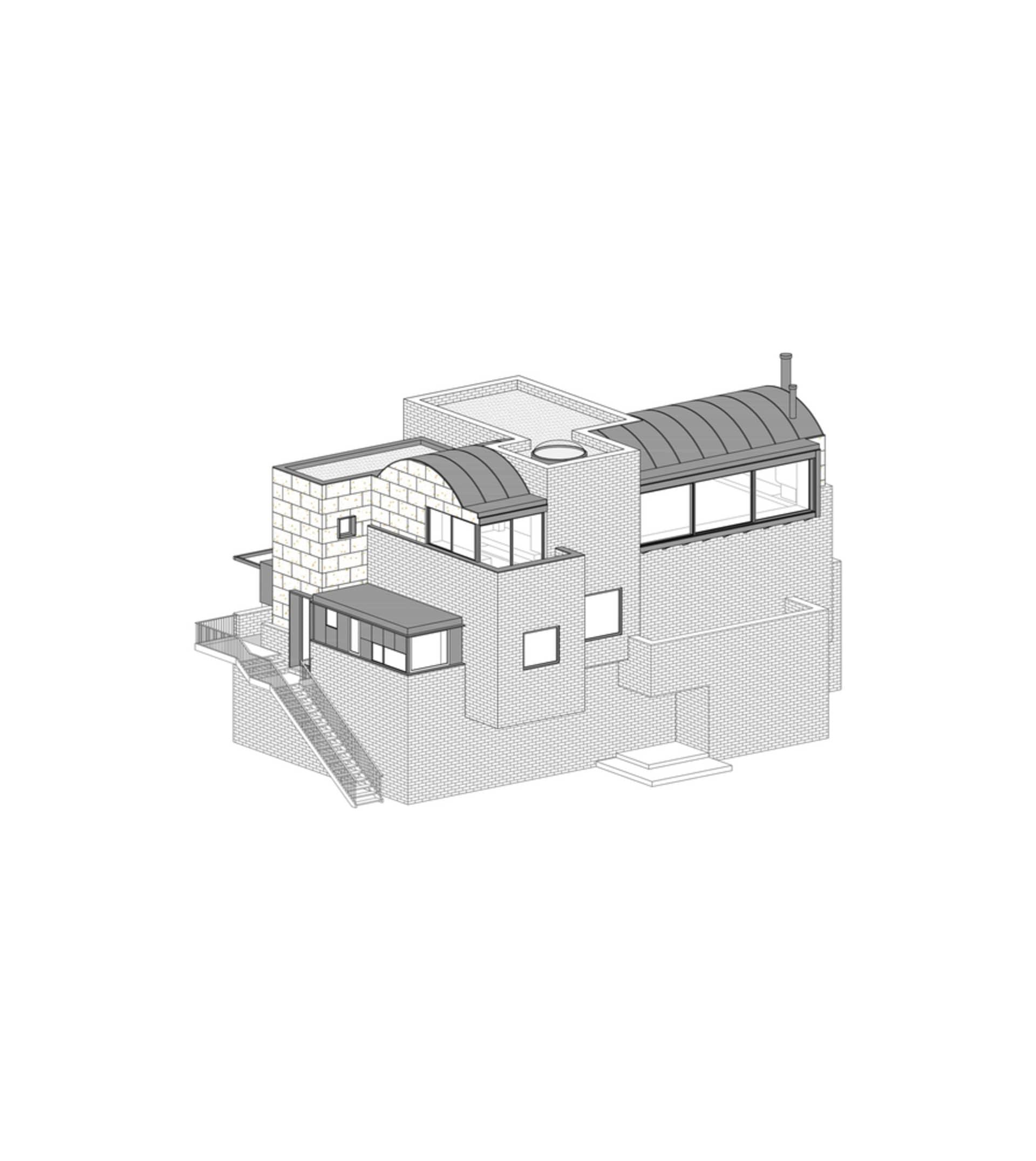 現代住宅建築的詳細技術藍圖，採用磚材質。