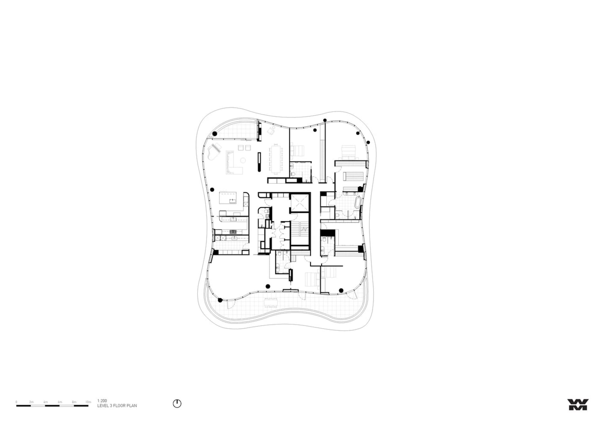 Plan view of a modern residential building with concrete, glass, and steel materials.