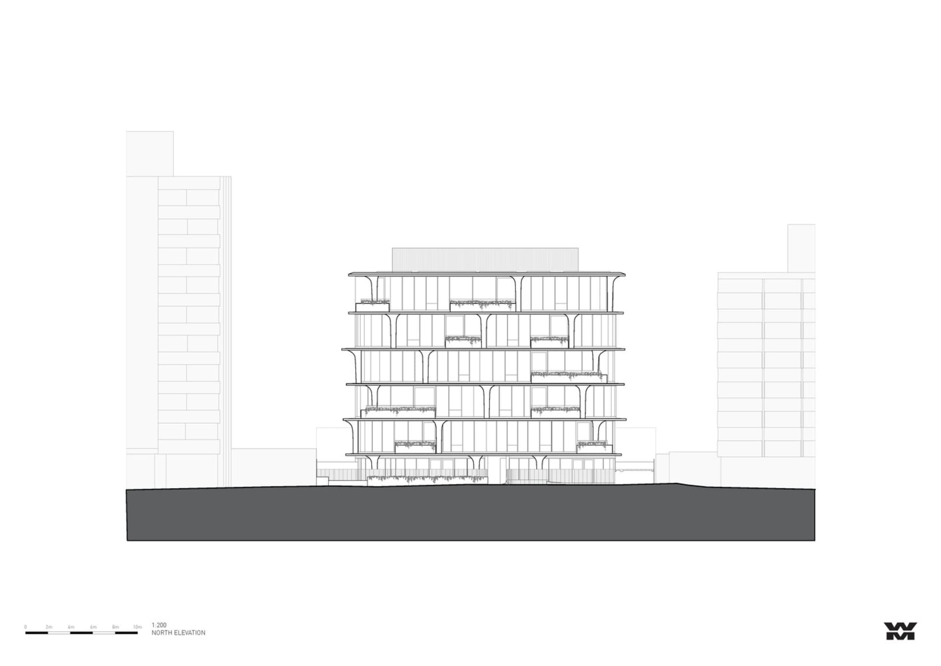 An architectural elevation of a multi-story building.