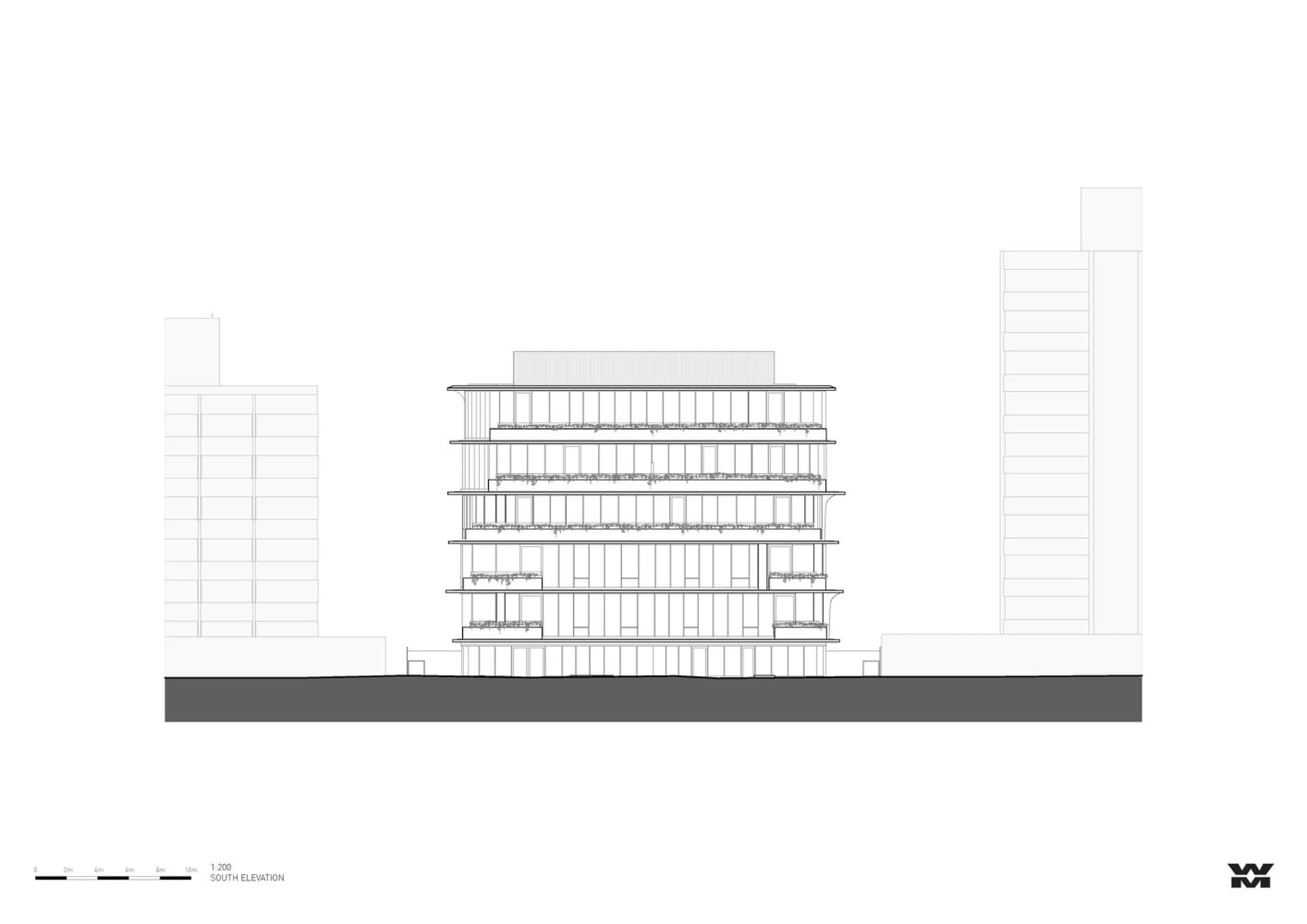 A modern building elevation depicted in a line drawing style.