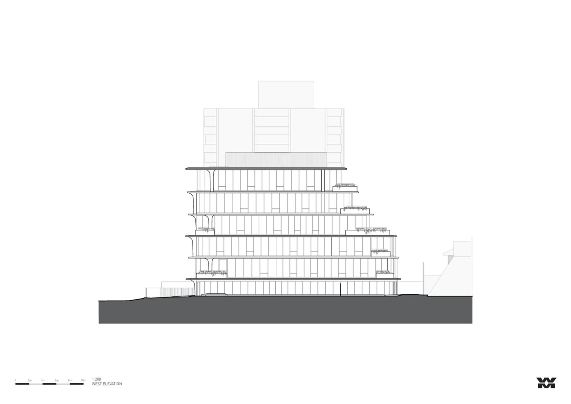 A modern office building with concrete and glass features a tiered floor layout.