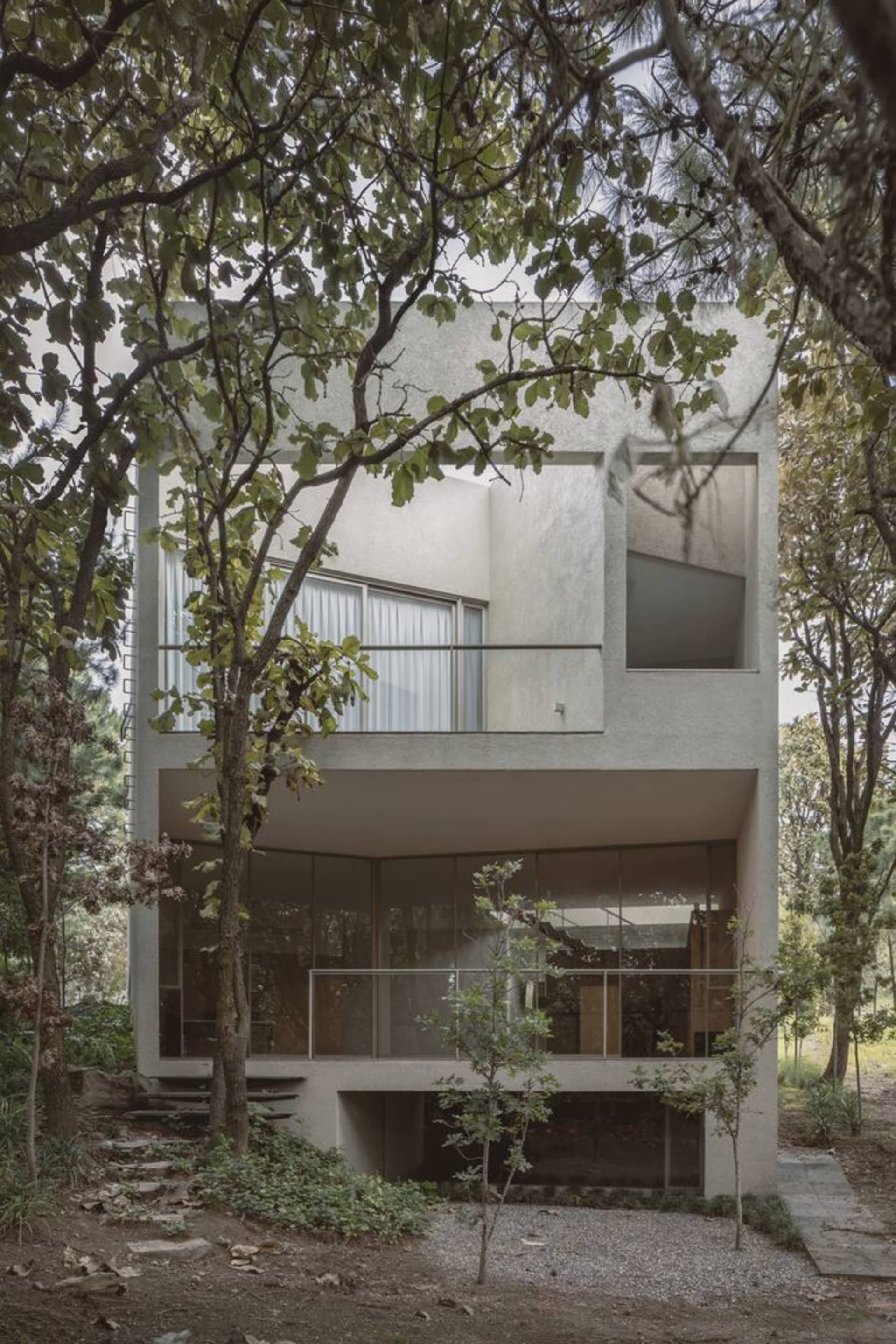 A modern, minimalist residence with a concrete exterior surrounded by lush greenery.