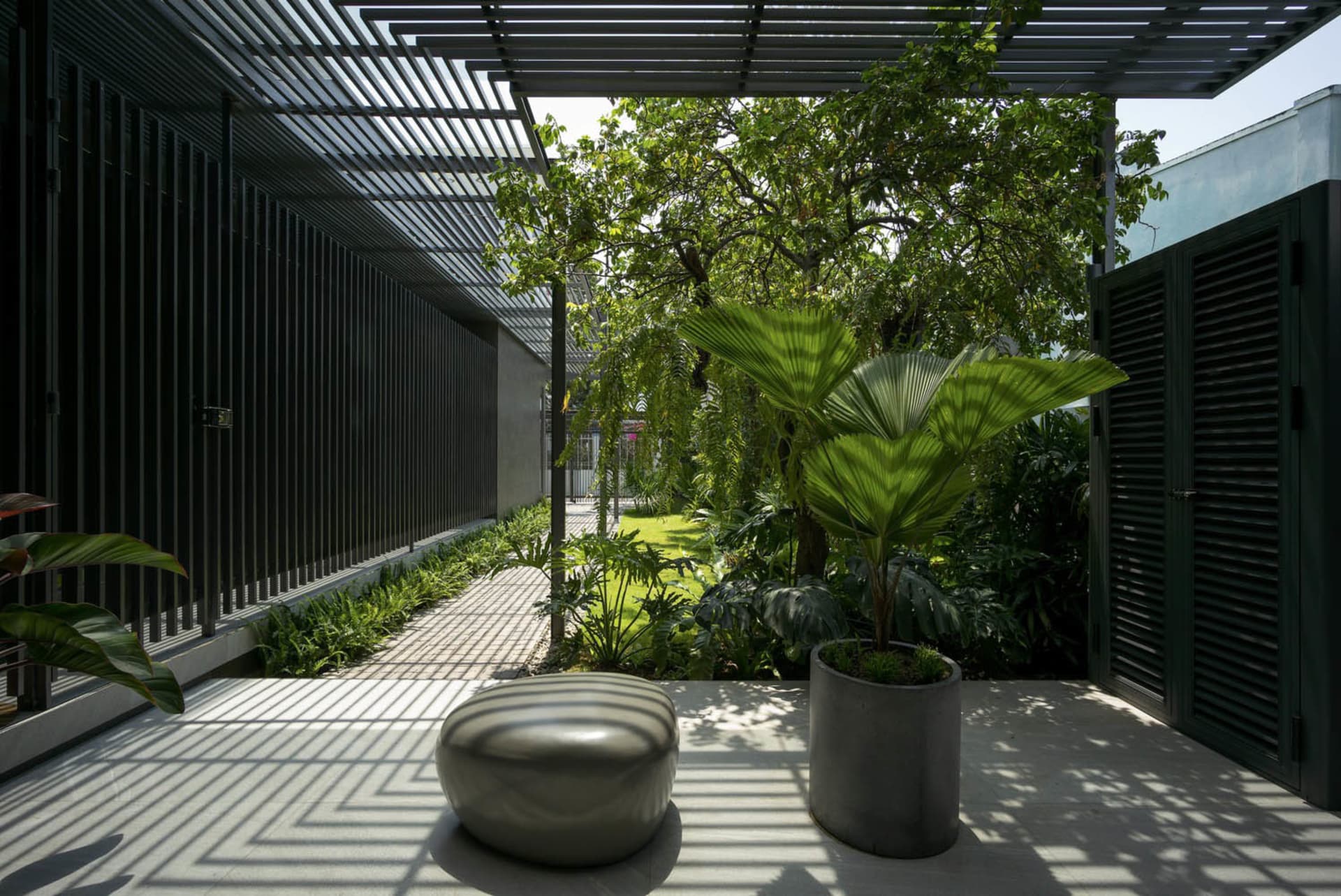 現代室內空間，鋪設混凝土地板並擺放多種綠色植物。