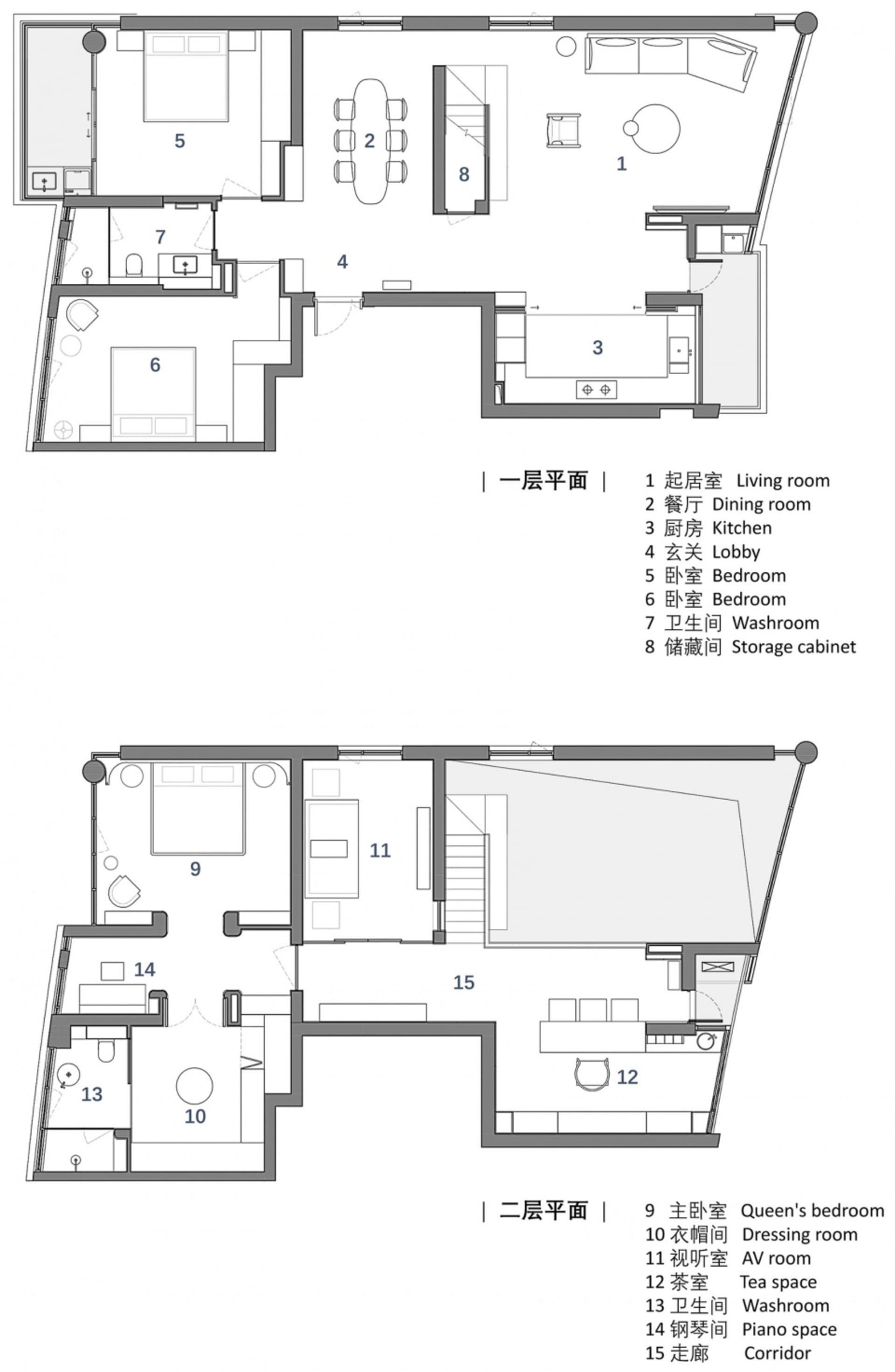 現代公寓平面圖，包含客廳、餐廳、廚房、兩間臥室及其他生活空間。