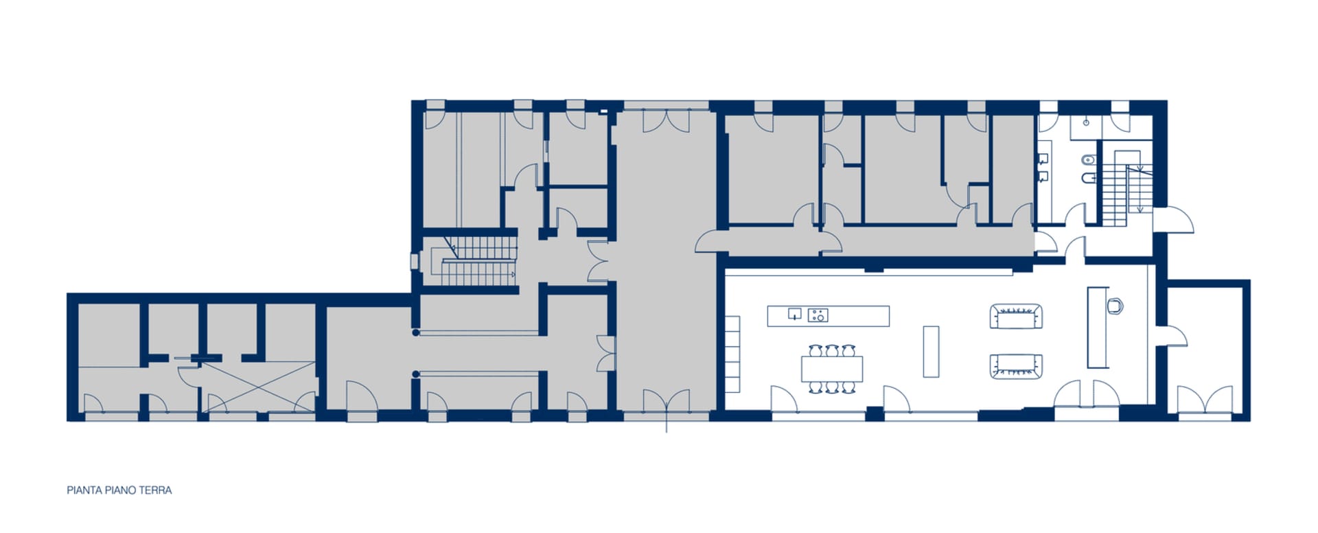 Modern office layout showing various rooms and spaces
